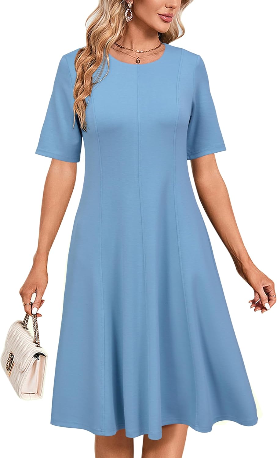 Newshows Womens 2025 Summer Teacher Work Modest Dresses Ultra Soft Short Sleeve Midi Old Money Clothes Business Casual Dress