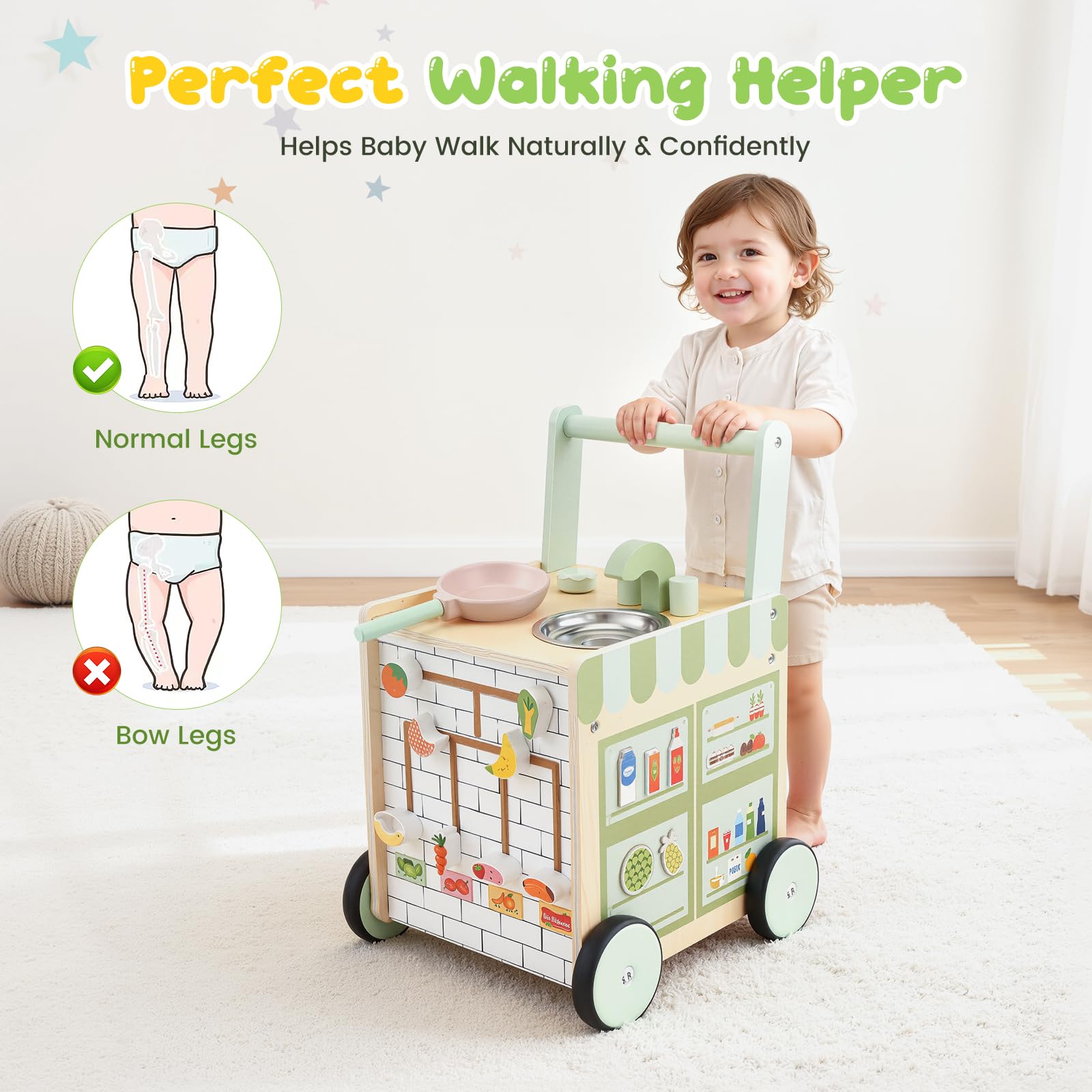 Andador Bebes, Andador Madera Bebé Desde 12 meses - con Centro de Actividades (Utensilio de Cocina, Pista de Laberinto de Frutas) Baby Walker Regalo ideal para niños y niñas de 1 a 3 años