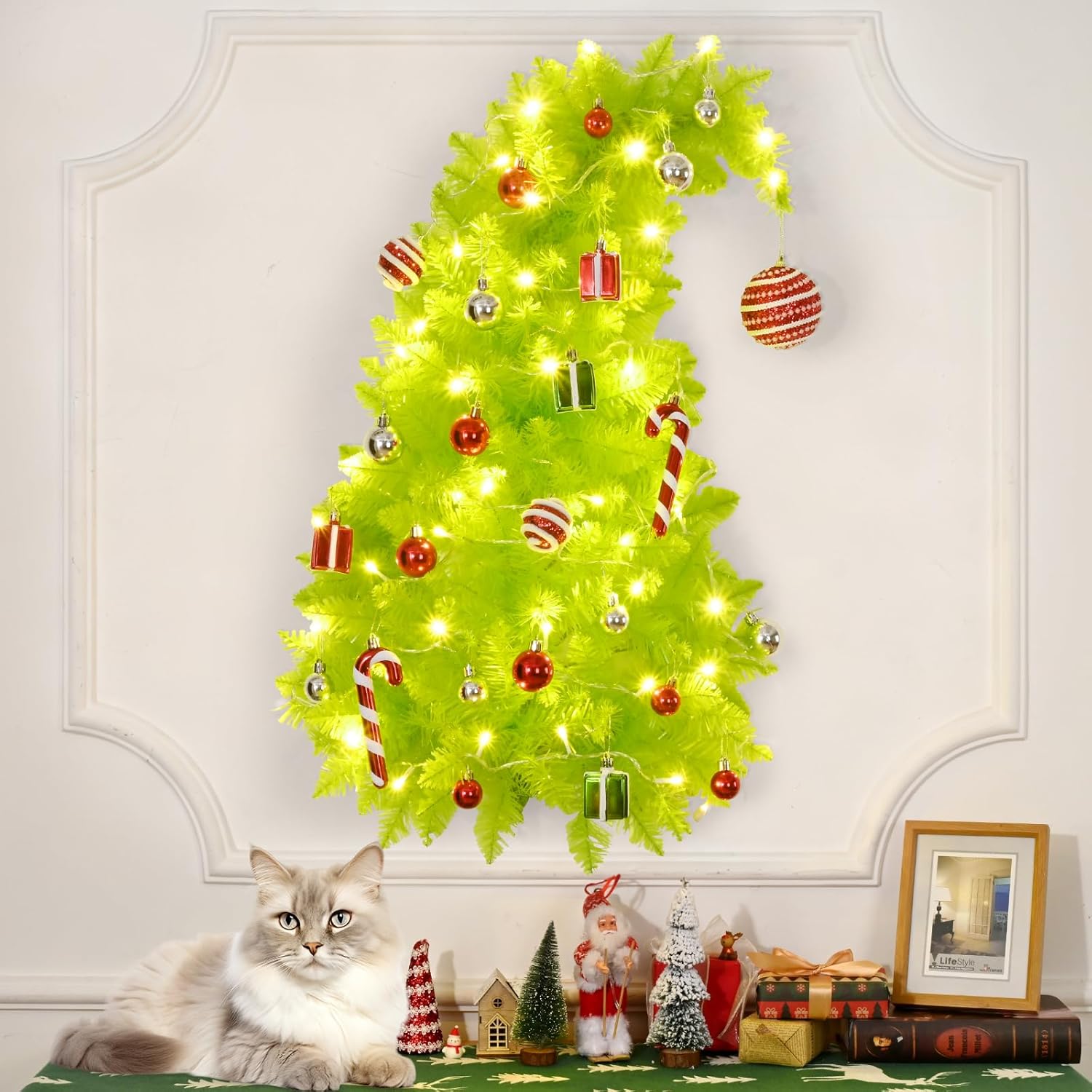 3 FT Wall Christmas Tree, Lime Green Half Christmas Tree Hanging, DIY 1/2 Chrismas Tree for Window with Lights, Ornaments and Hooks, Bendable Hainging Xmas Tree for Door, Pet Owners Xmas Decor Lime Green 3ft