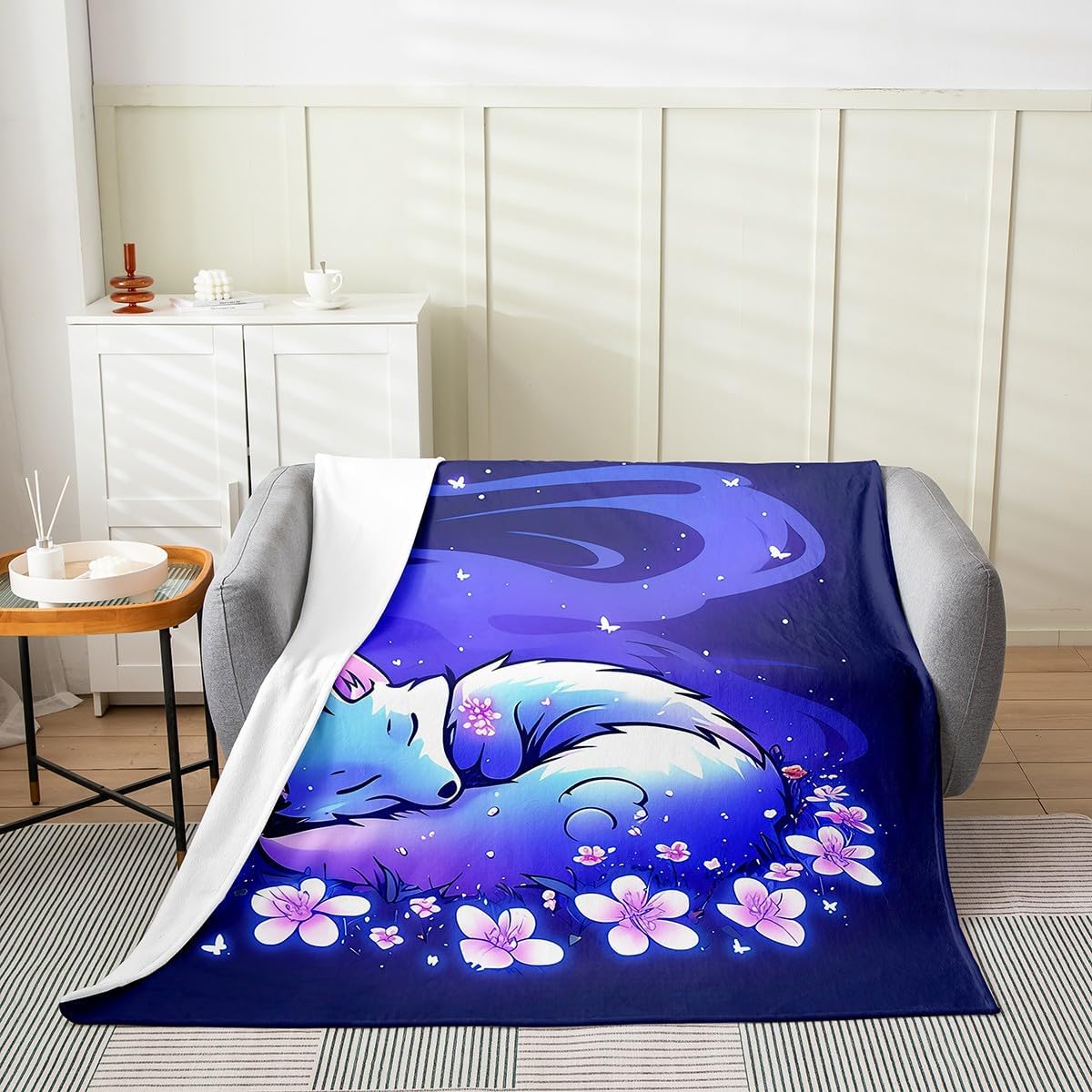 jejeloiu Fox Flannel Fleece Throw Blanket Cute Cartoon Purple Fox Fuzzy Blanket Twin 60"x80" for Sofa Couch Animal All Season Bed Blanket Woodland Fox Ultra Soft Plush Blanket