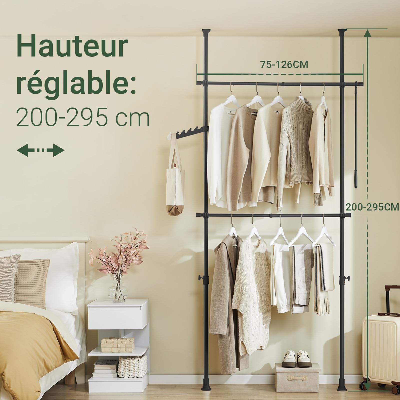 SoBuy Tringle à Vêtements Télescopique robuste pour dressing | Portant à vêtements réglable avec barres de suspension, rangement chambre, Noir FRG109-II-SCH