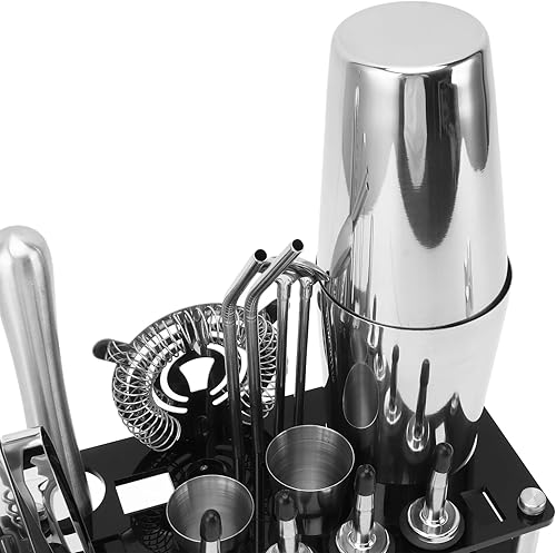 Miniatura 9 de Juego de coctelera de 23 piezas con soporte, kit de camarero, juego de herramientas de barra de acero inoxidable, incluye coctelera de Martini,