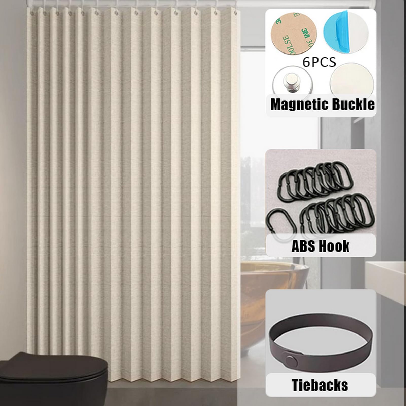 Icegrey Cortina de Ducha magnética Plegable Impermeable con Ganchos, Cortinas de Ducha de Lino poliéster en Acordeón para baño, Beige, 200x180cm