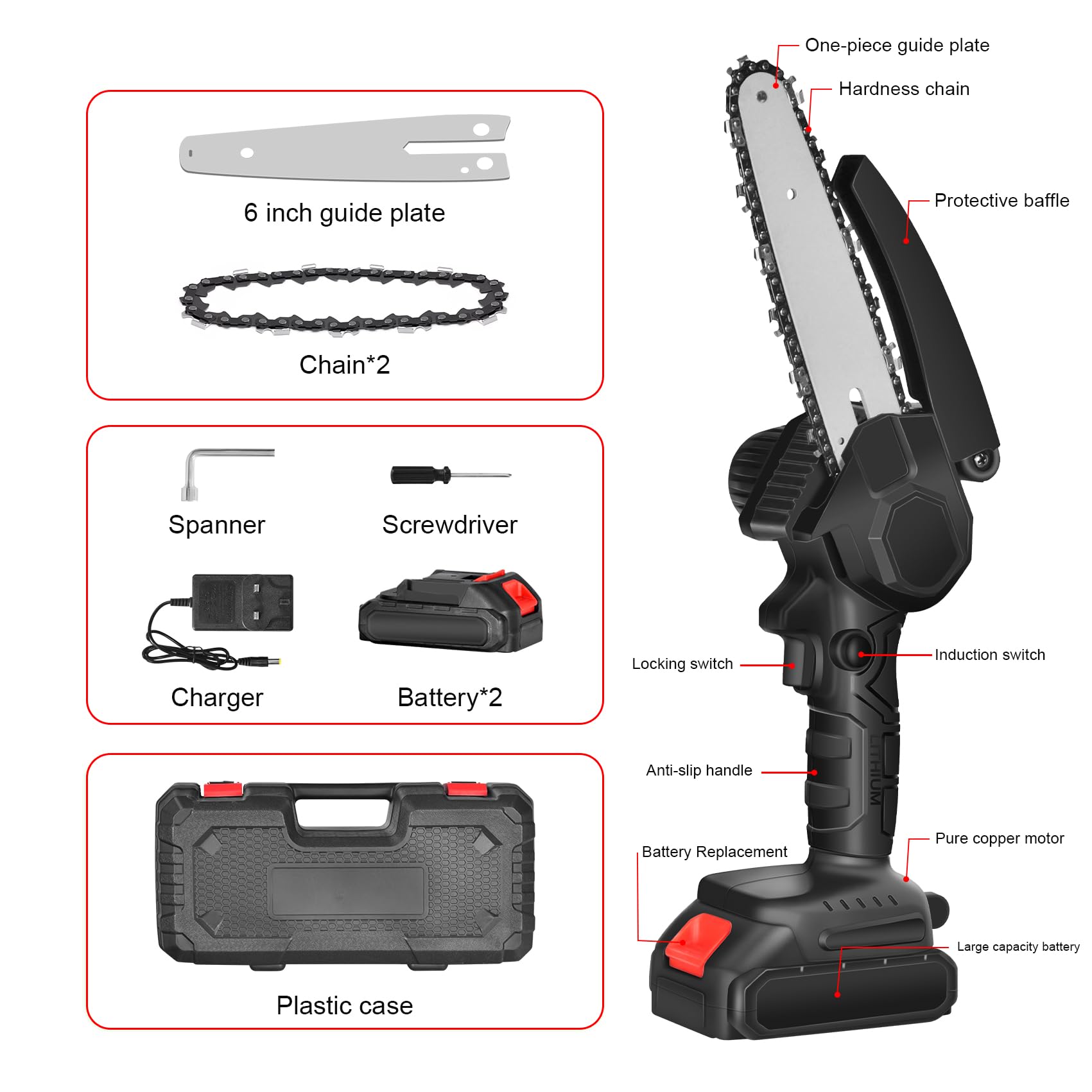 Mini Motosega a Batteria per Potatura, Mini Motosega a Batteria 6 Pollici Con Blocco di Sicurezza per il Taglio del Legno e Giardini, Motosega Professionale Elettrica con 2 Batterie