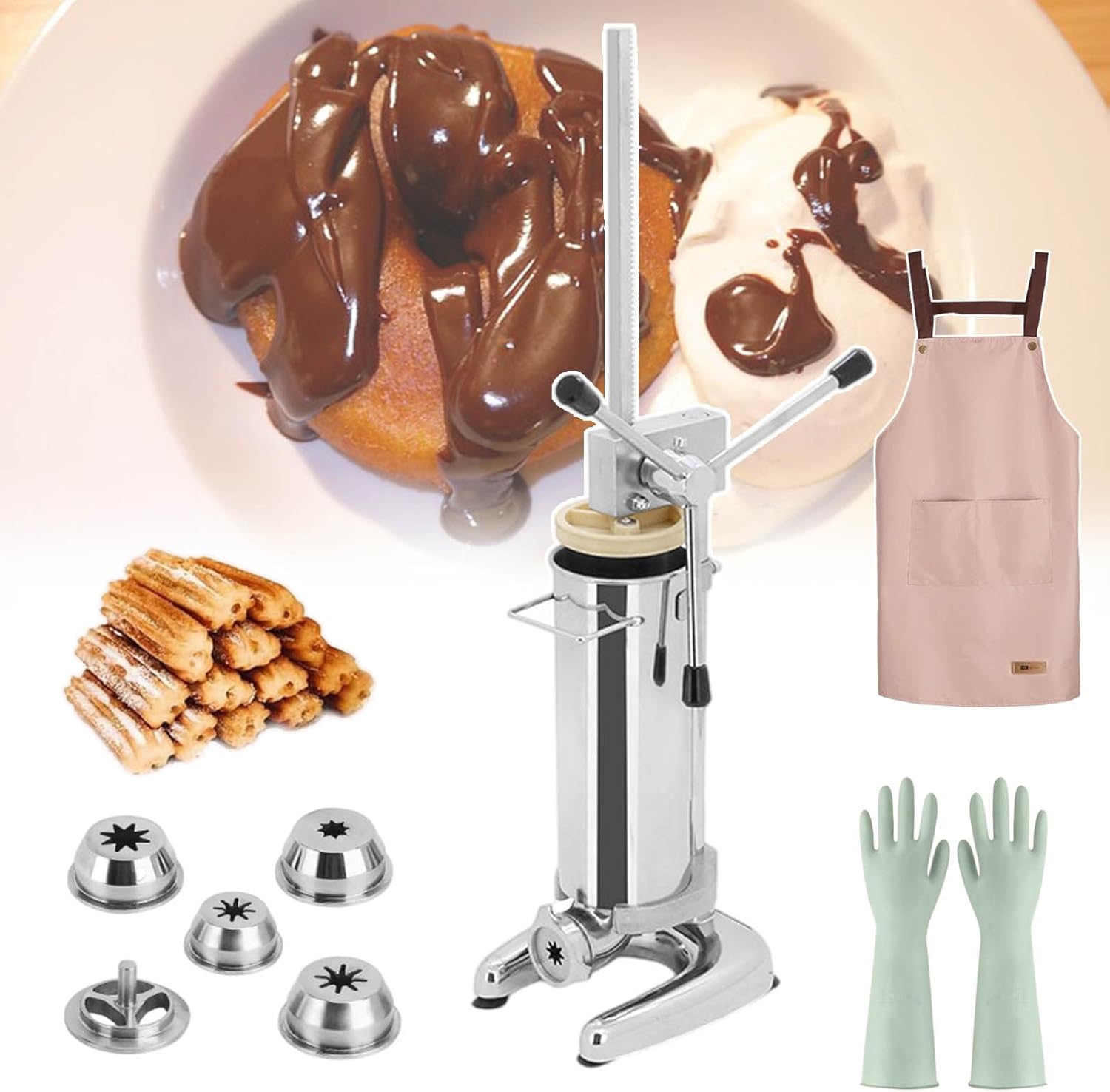 Spanish Donut Machine,Manual Churro Maker,with 1pcs Apron & 5 Molds & 4 Pairs of Gloves,Stainless Steel Material,Suitable for Cake Shops/Coffee Shops/School Restaura,3L