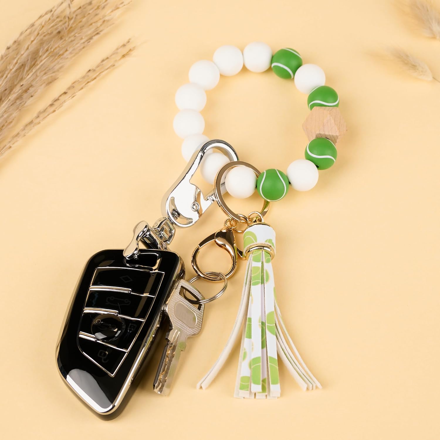 Silicone Keychain Beaded Wristlet Key Ring Bracelet,Beaded Keychain with Leather Tassel for Women… image 5