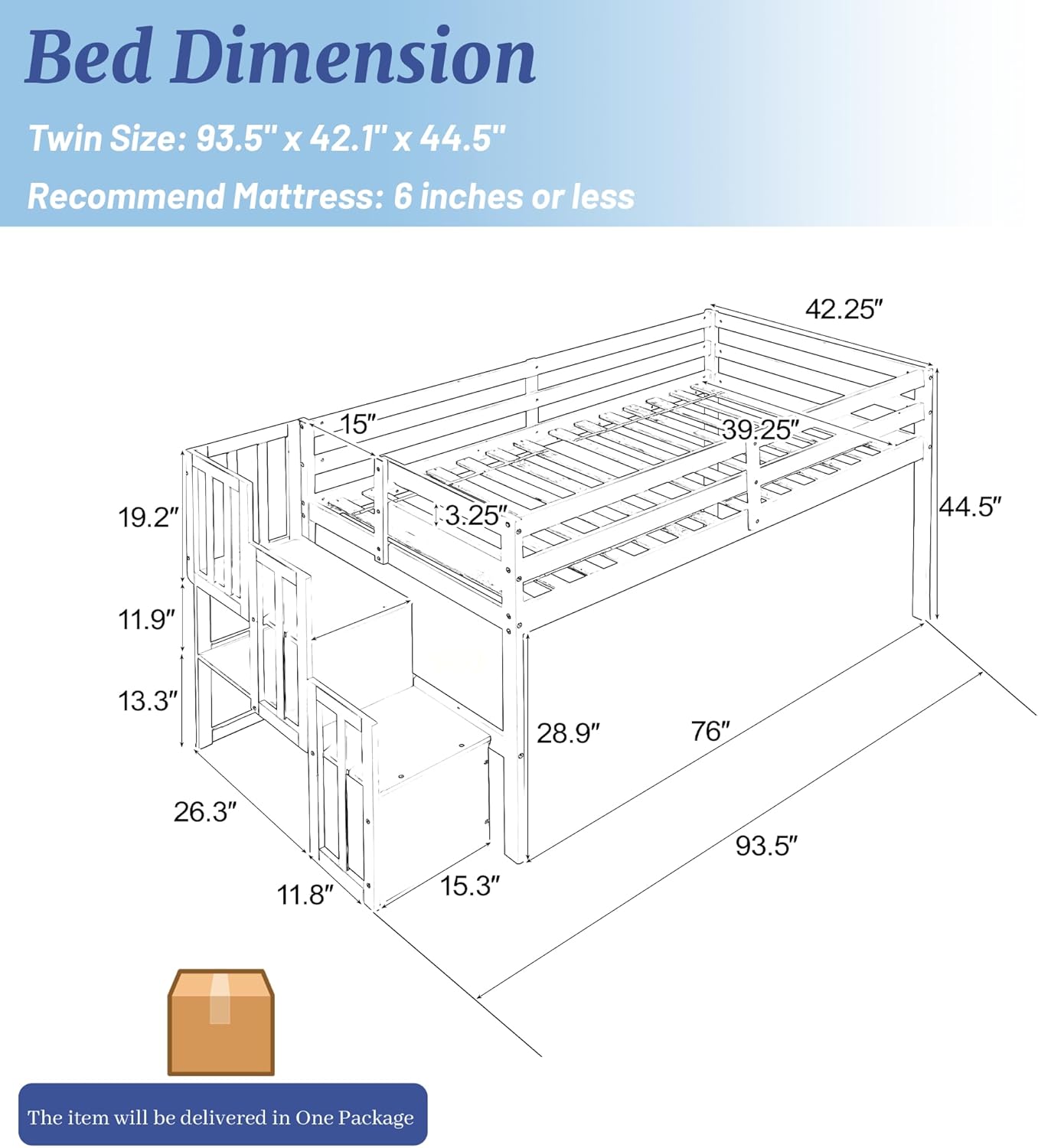 Twin Size Low Loft Bed with Stairs, Wood Low Loft Bed with Storage Staircase, Twin Kids Bed with Rails for Boys Girls Teens, Grey