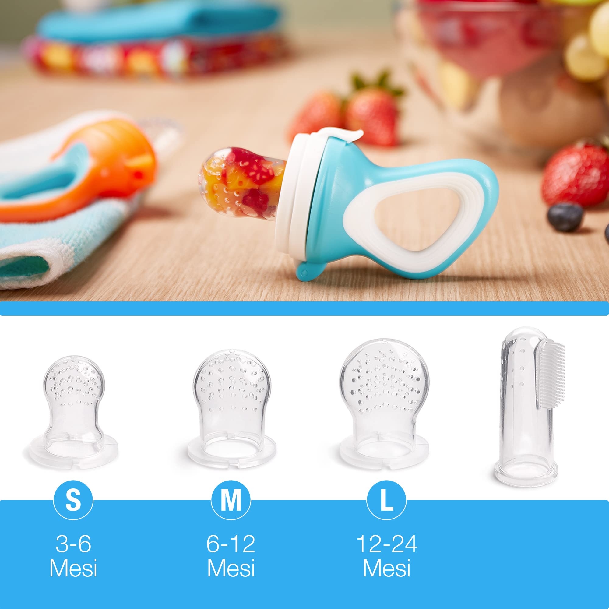 iFancy 2 tettarelle per neonati e bambini + 6 tettarelle di ricambio in 3 misure | In silicone igienico, sicuro e senza BPA | Per frutta, verdura, porridge e altro ancora. | Tettarella | Rosso/Blu