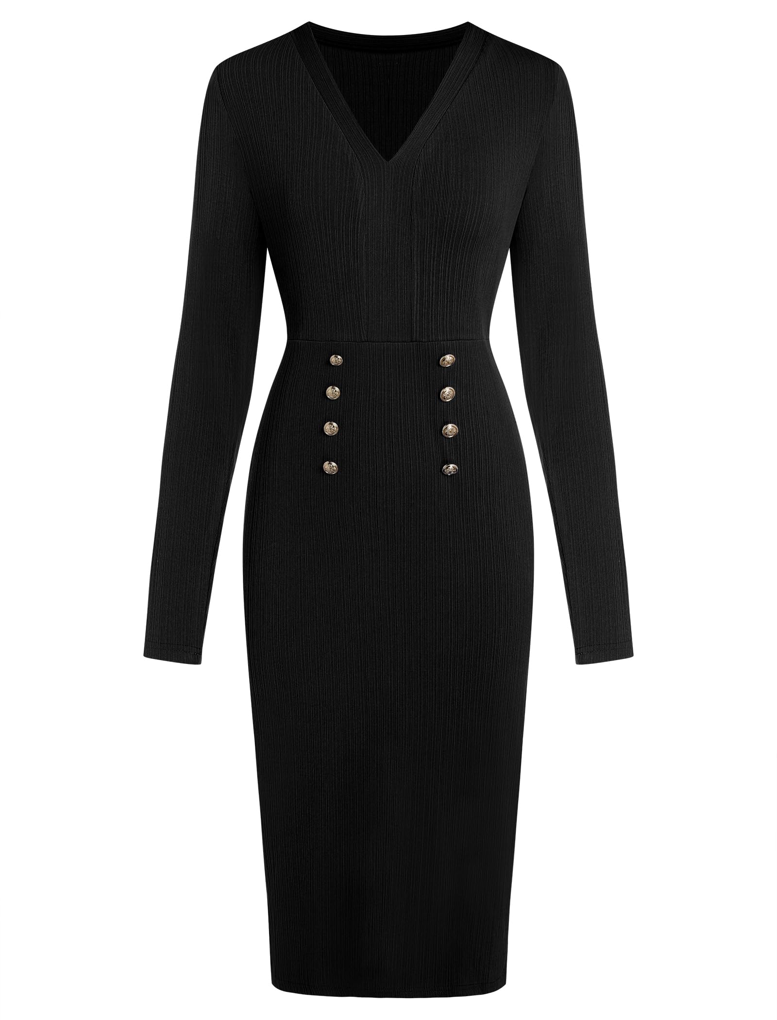 ZAFUL Womens Long Sleeve Wear to Work Midi Dress Lightweight V Neck Business Office Sheath Bodycon Pencil Office