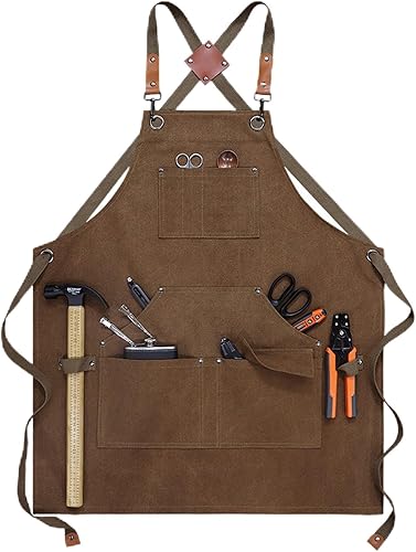 Miniatura 1 de Delantal de herramientas de lona gruesa resistente, 6 bolsillos y 2 bucles, espalda cruzada ajustable para hombres y mujeres, 6 colores, ideal