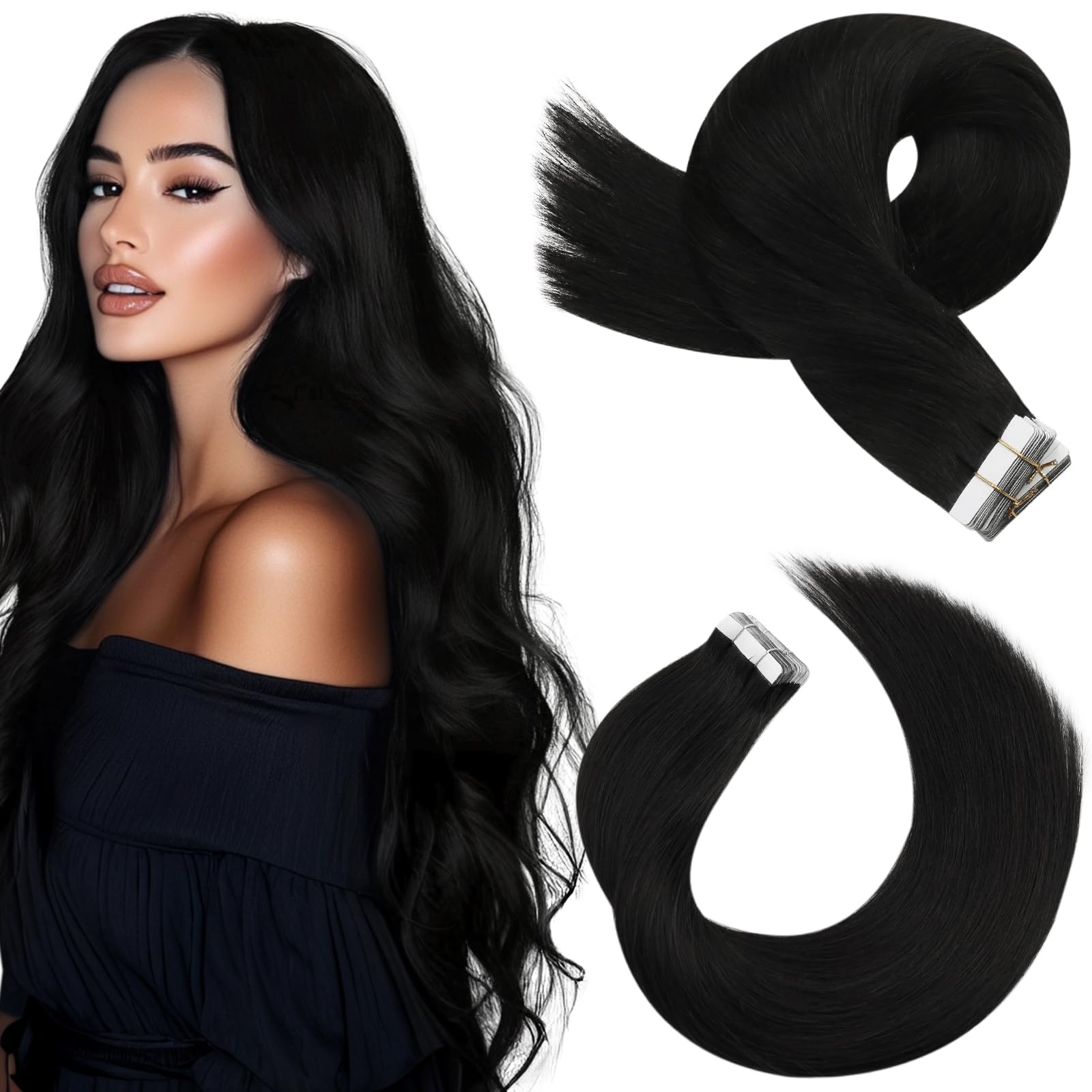 Moresoo Extension Capelli Veri Biadesivo 50 cm Nero Remy Umani Invisible #1B 20pz 50g