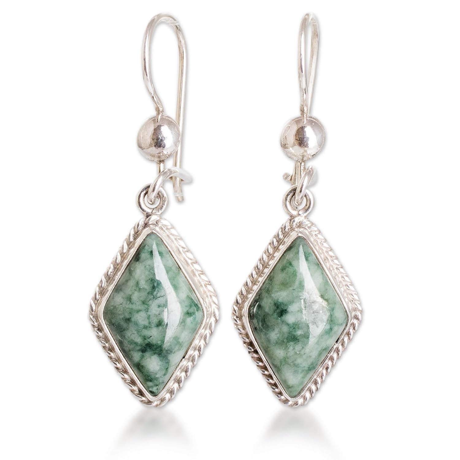 NOVICA Artisan Handcrafted Light Green Jade Dangle Earrings Sterling Silver Guatemala Cypress Dried Herb [1.6 in L x 0.5 in W x 0.2 in D] ' Maya Life'