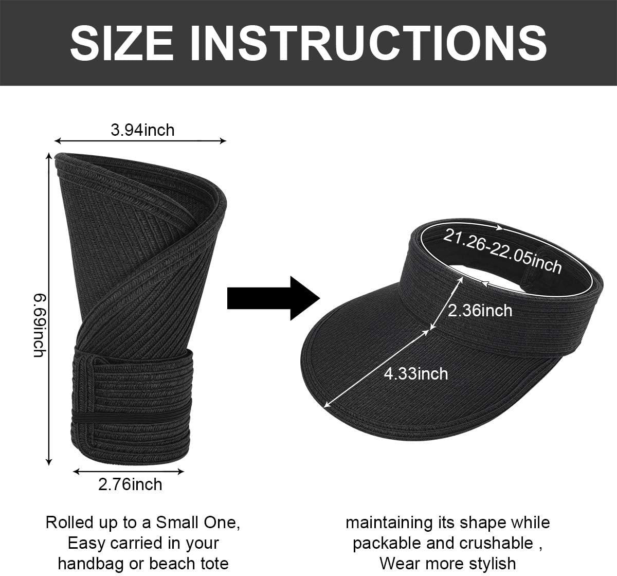 Sun Visor Hats Women Wide Brim Summer UV Protection Beach Cap Straw Hat Roll-up Foldable Sun Hats for Outdoors Black - Image 4