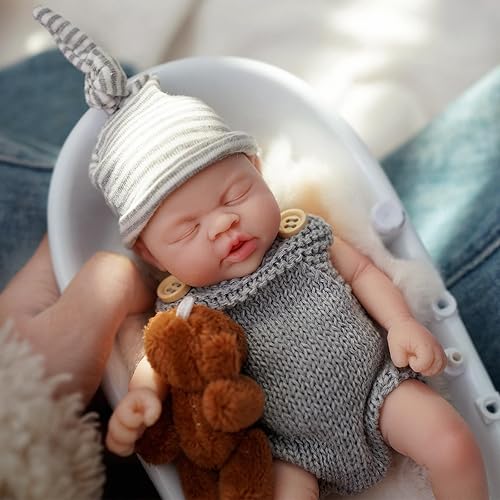 Miniatura 4 de Bebé de silicona de 7 pulgadas, micro bebé prematuro de silicona de cuerpo completo, muñeca de realidad lavable con kit de alimentación y caja de
