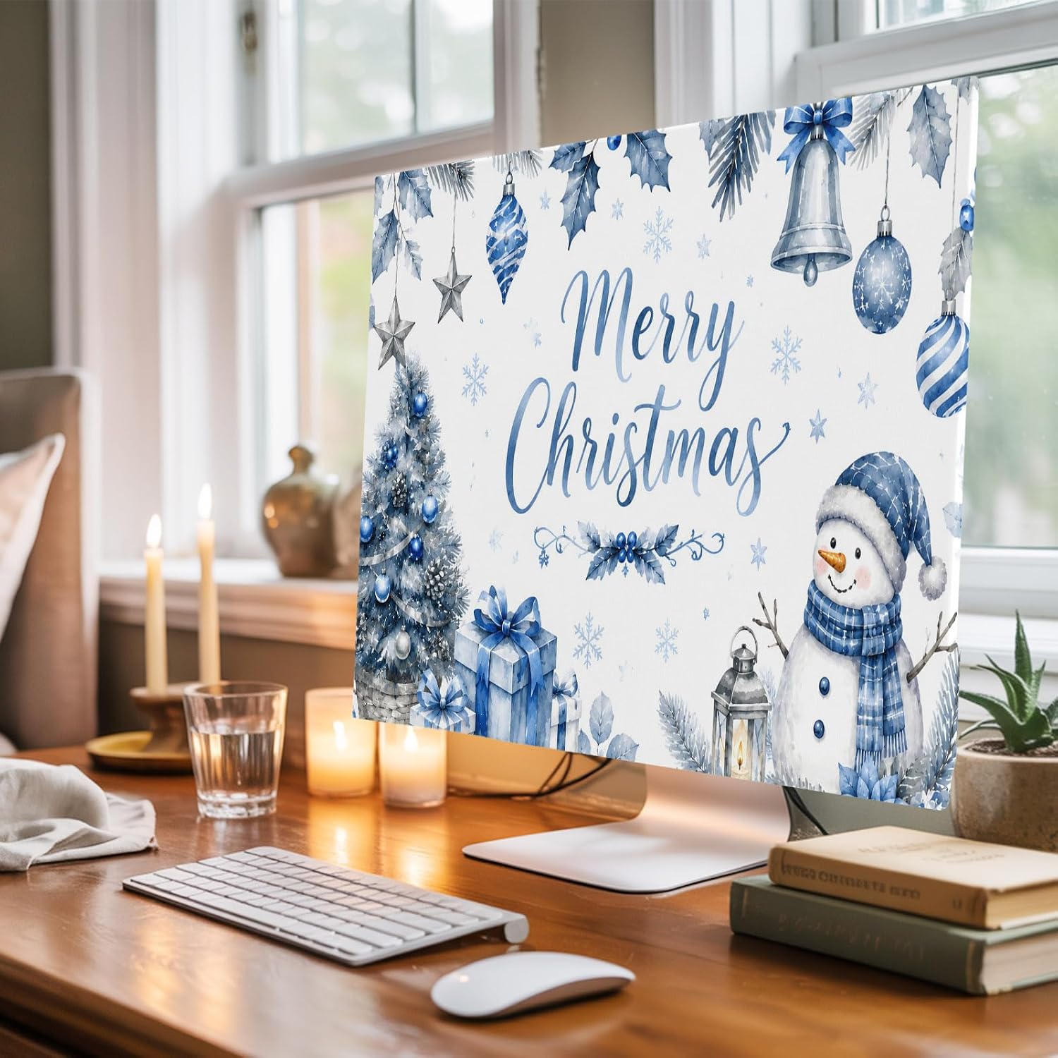 24 Inch TV Cover Indoor, Blue Christmas Dustproof Elastic Television Screen Covers, Xmas Tree Balls Snowman Gifts Snowflake Stretch TV Dust Cover for Flat Curved Smart TVs LED LCD OLED Monitor image 3