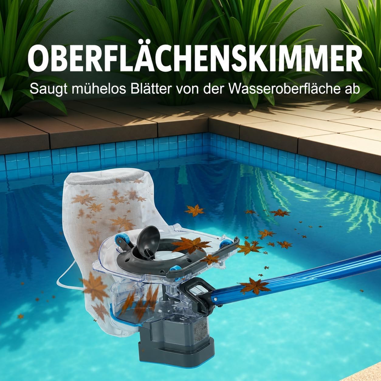 Poolstaubsauger Kabellos, 6800 L/h, Boden & Oberfläche | Wiederaufladbar mit zwei Filterbeuteln; reinigt tiefe, flache und Oberflächenbereiche in Aufstell- und Einbaupools.