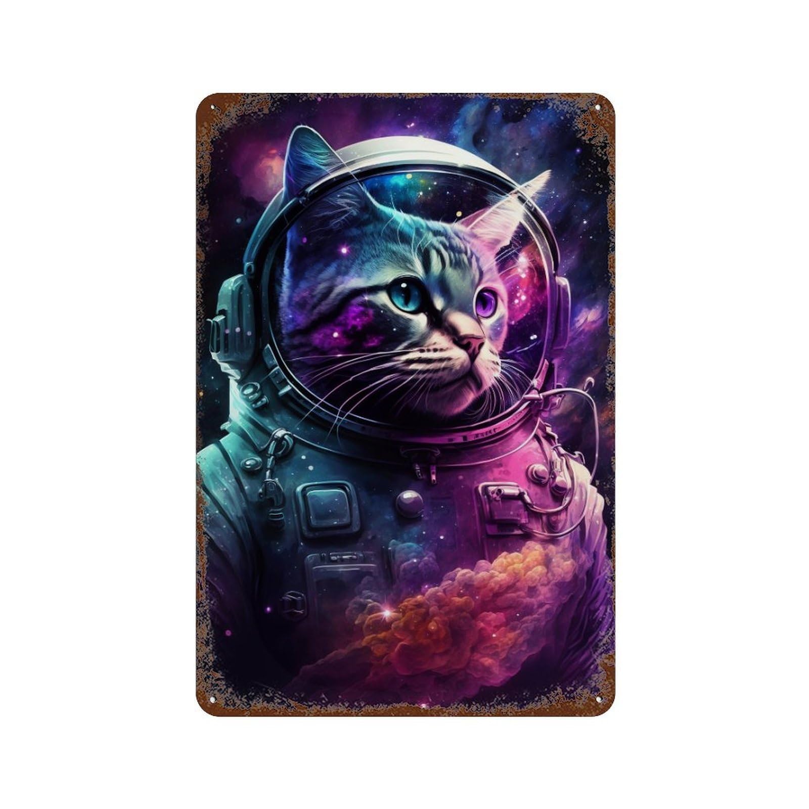 Cosmic Cat Astronaut Art Print-6 11.8"x7.9" Weathered Tin Sign, Shabby Chic Decor for Cafe, Home Bar And Lounge Decor