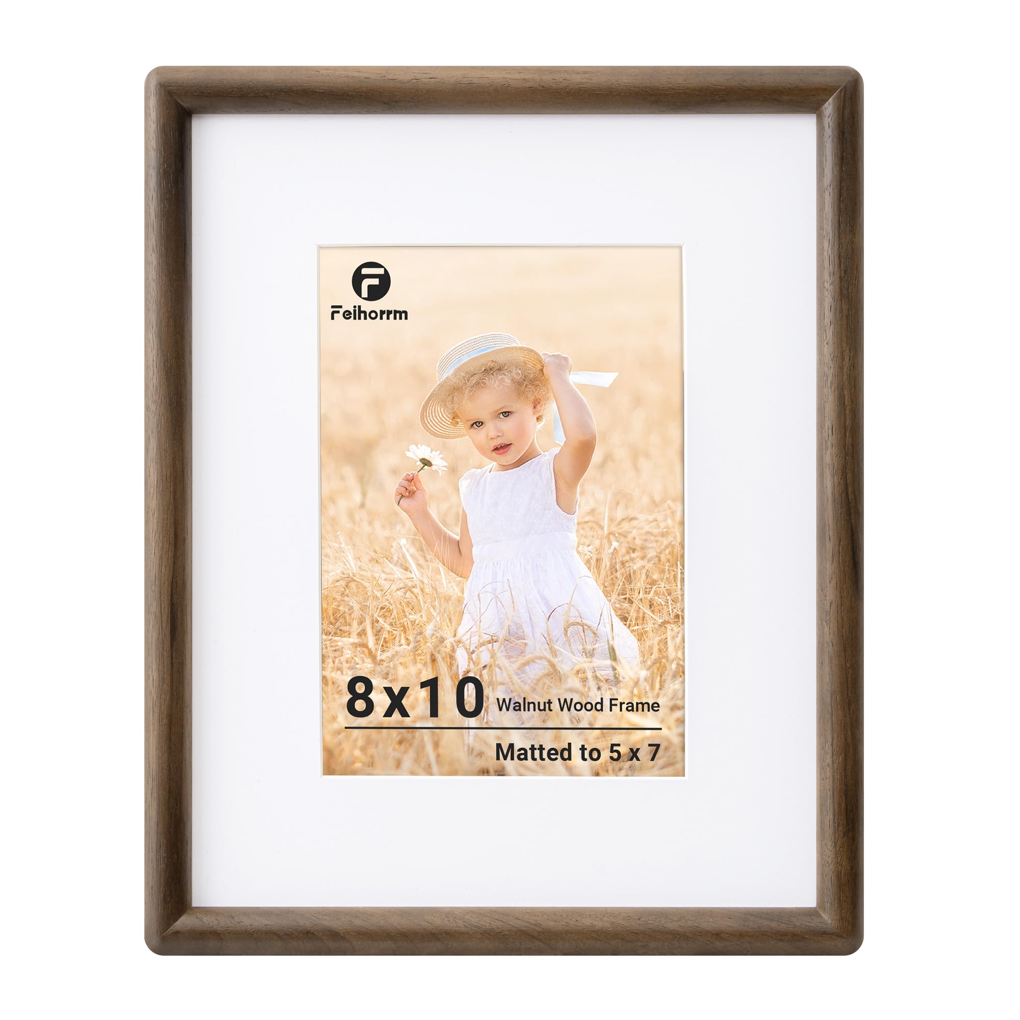 Feihorrm 8x10 Photo Frame, Walnut Solid Wood Picture Frame, 10x8 Photo Frames, 8x10 Frame Matted to 5x7 Photos, Handcrafted Rounded Corners with HD Tempered Glass, Tabletop & Wall Mount Display