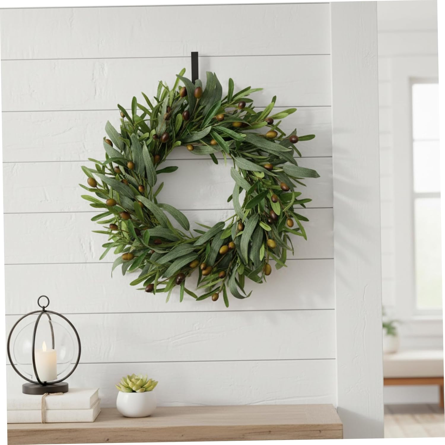 Olive Wreath, 18 Inch Artificial Greenery Wreath with Sturdy Iron Ring, Realistic Olive Branch and Leaf for Spring Summer Home Decor, Greenery, Wreaths for Front Door