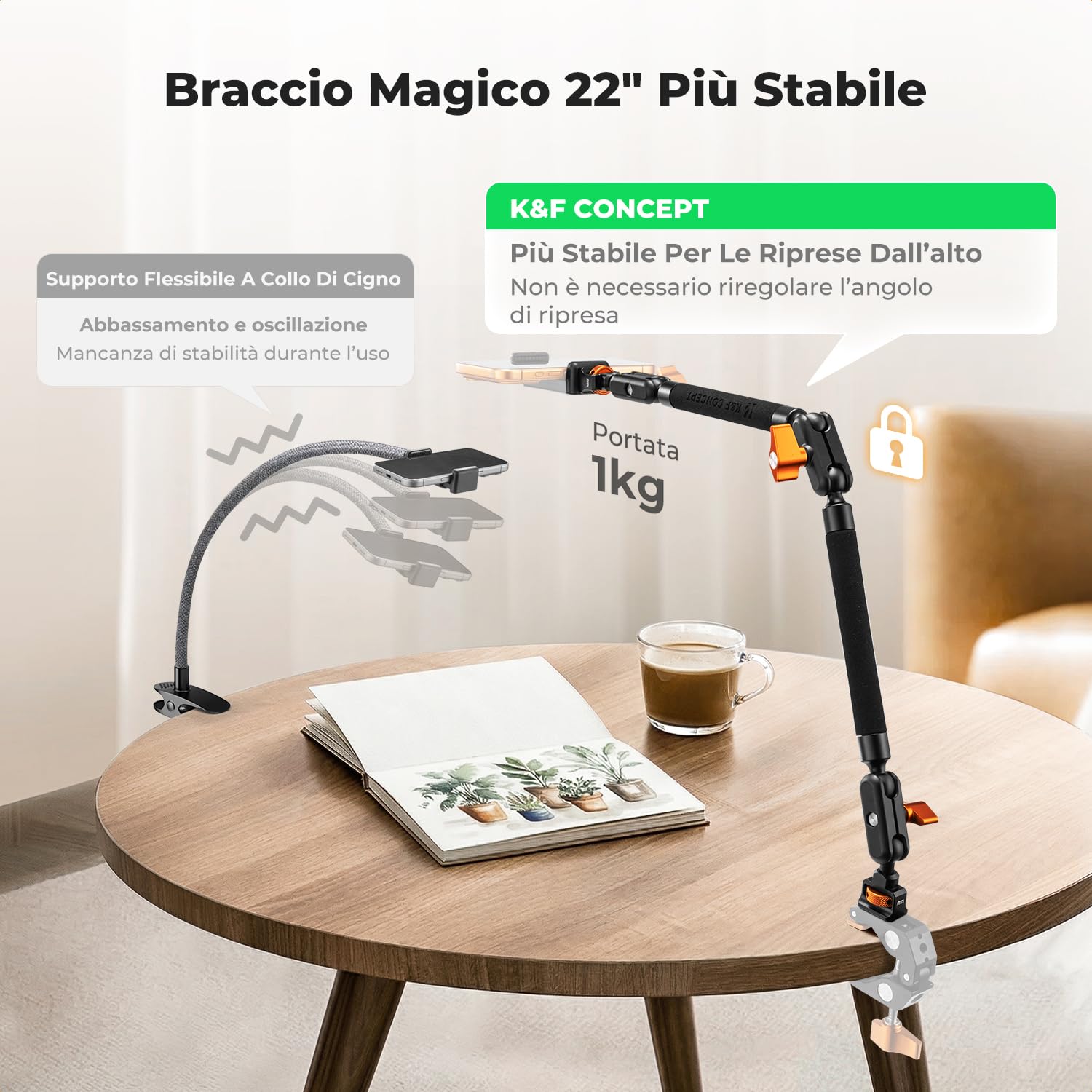 K&F CONCEPT Braccio Magico Flessibile da 22 Pollici con Vite 1/4", Supporto Webcam e Fotocamera da Scrivania, Braccio Articolato per Streaming, Microfono, Luce LED e Action Cam