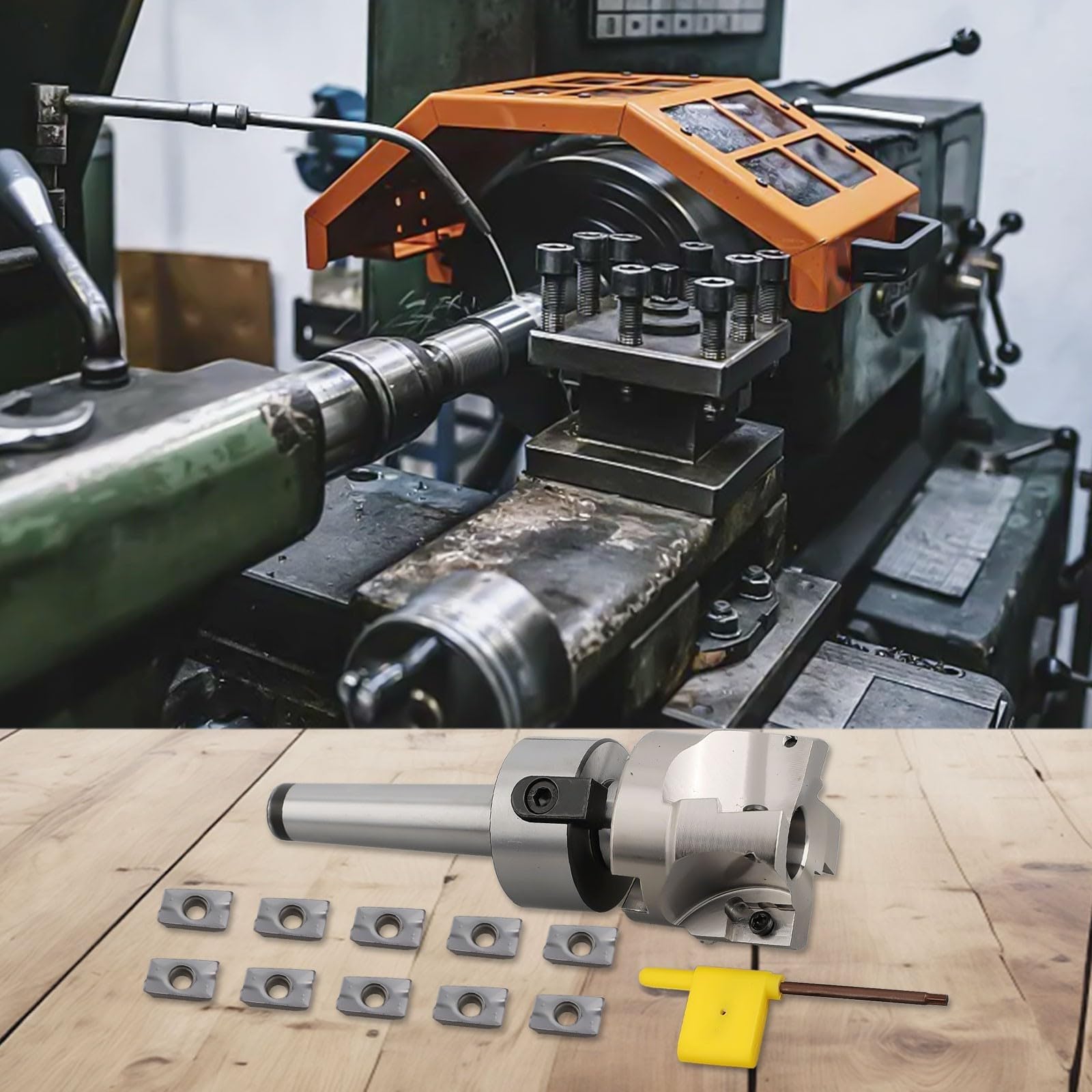 Eawfgtuw Planfräser-Set – 400R 50 mm Planschneidemaschine MT2 für M10 Halterung, 10 Stück AMPT1604 Einsatz und Schraubenschlüssel zum Schneiden von Blechen
