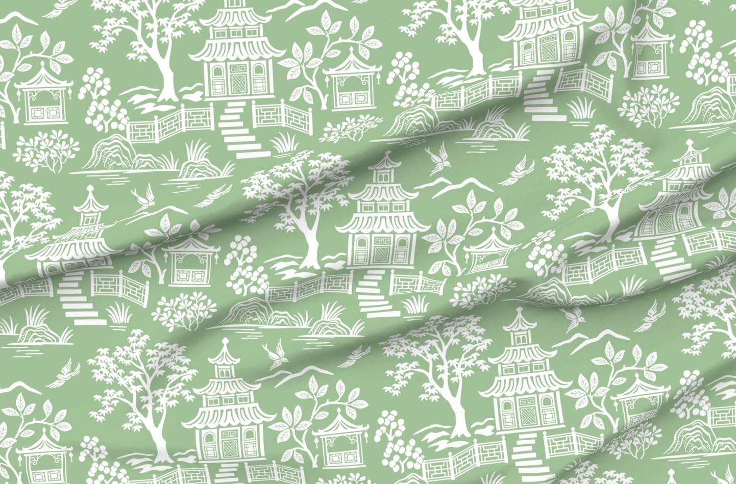 Spoonflower Fabric - Pagoda Chinoiserie Light Jade Green Chinese Asian Style Traditional Printed on Petal Cotton Fabric Fat Quarter - Sewing Quilting Apparel Crafts Decor
