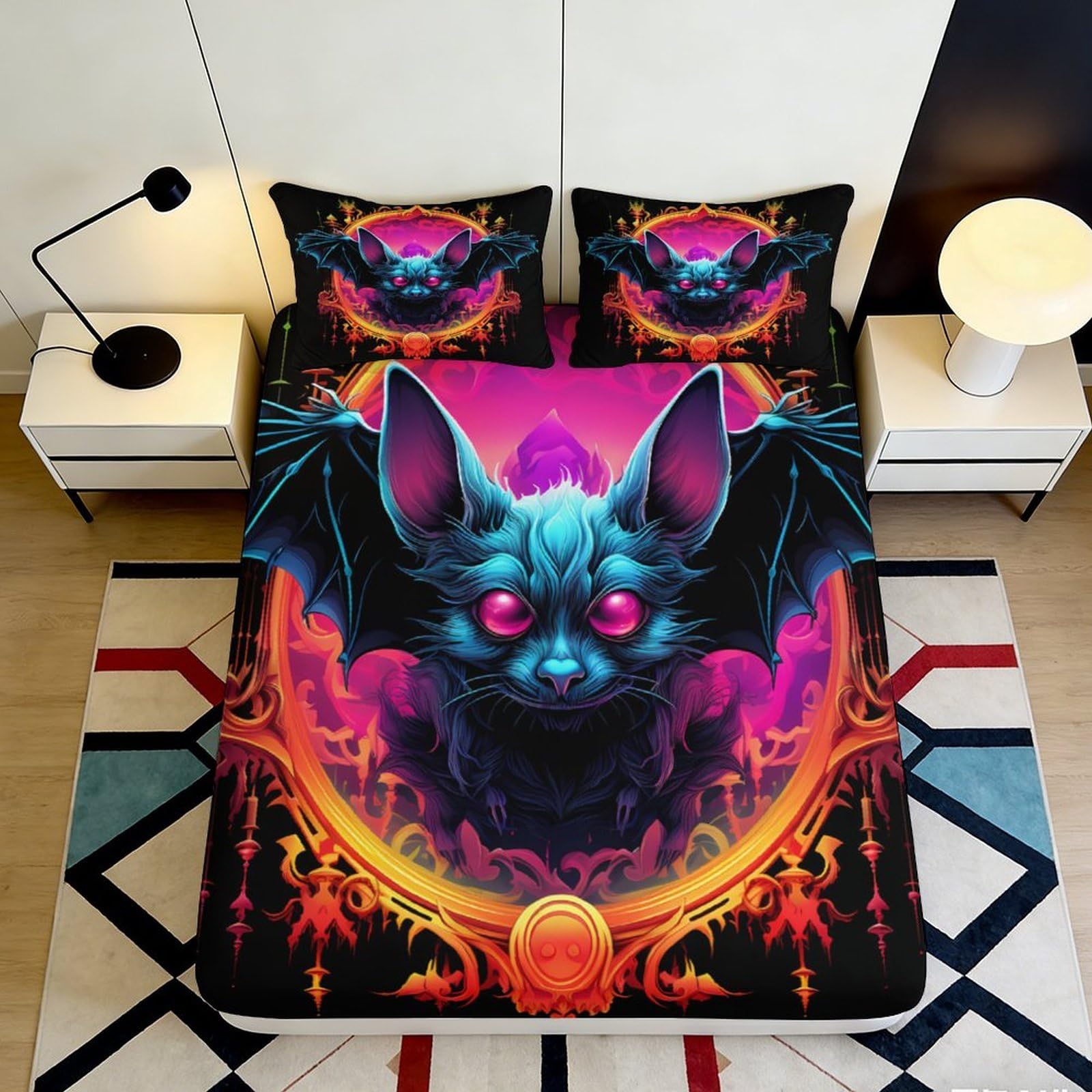 Jqzkxnhpbr Style-1 3D Printed Neon Bat Fitted Sheet Microfiber Soft Breathable Gothic Fire Mattress Cover For Bedroom Dorm Decor 90X200x25cm