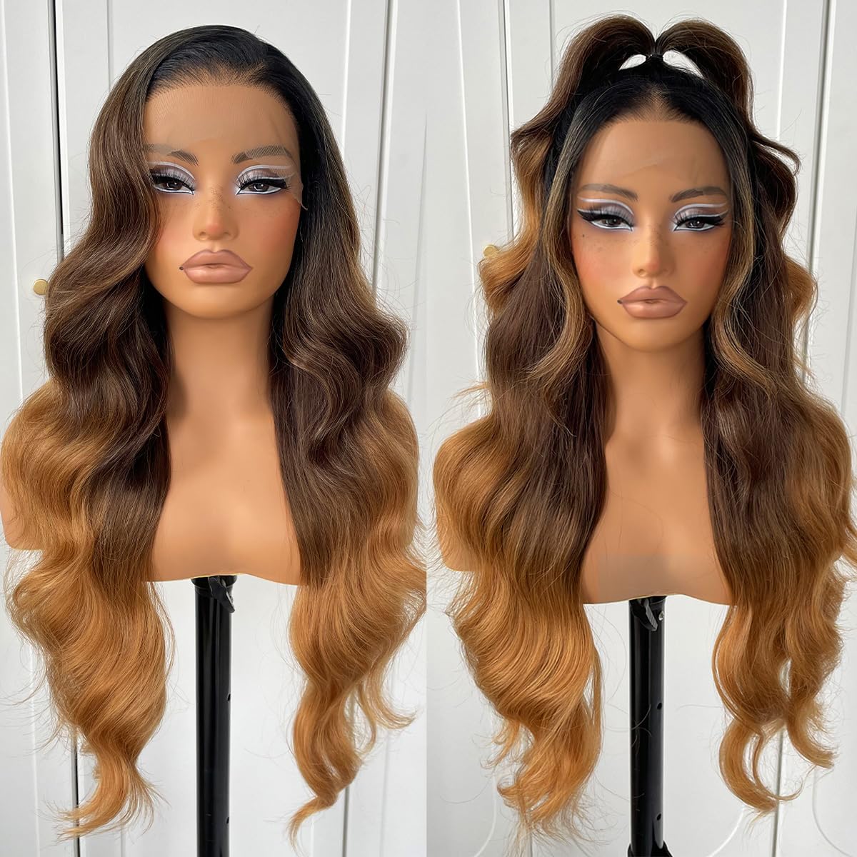 13x6 Ombre HD Lace Front Wig Pre Plucked Glueless Highlight Ombre Synthetic Body Wave Lace Front Wigs Highlight Lace Front Wig 1B/30/27