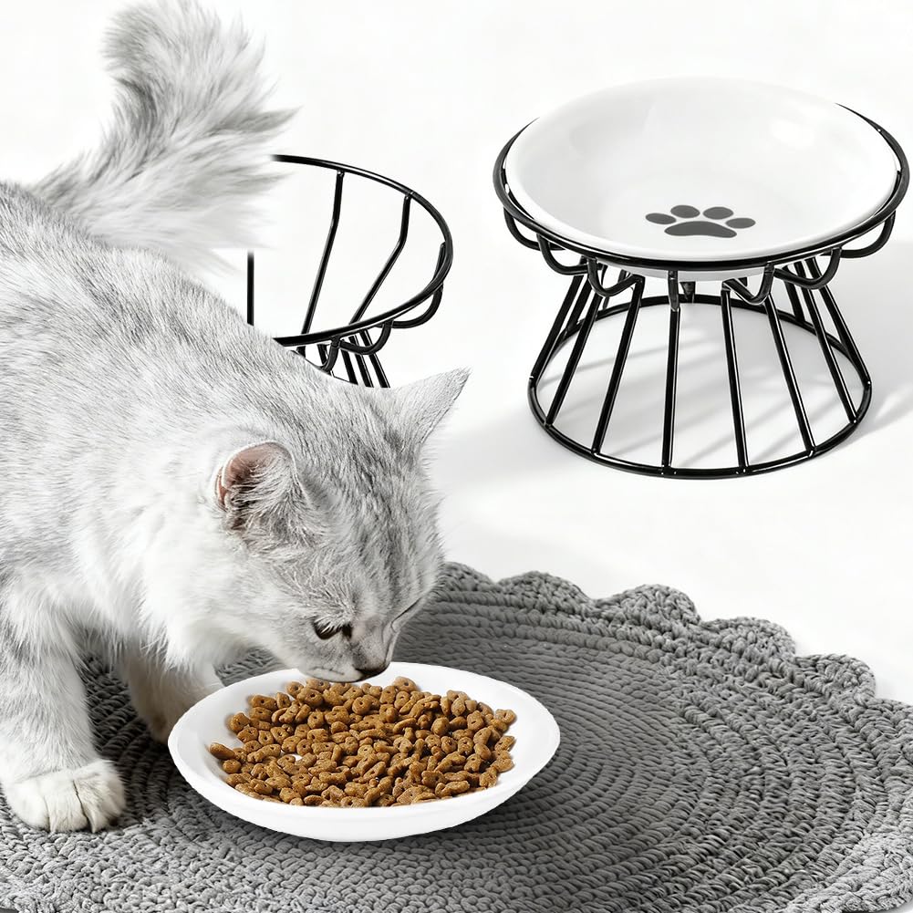 Ciotola per gatti rialzata ceramica 2 pezzi, piatta per cibo gatto