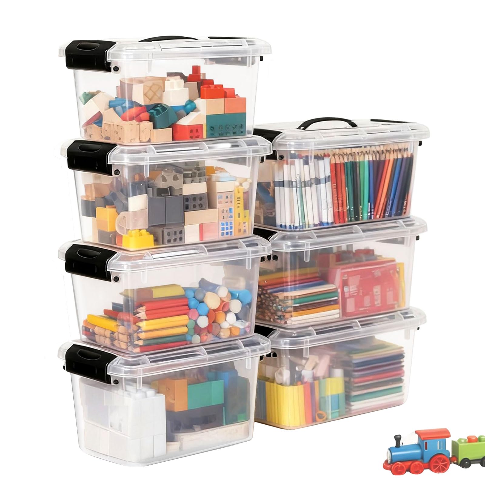 Greentainer Lot de 7 boîtes de rangement empilables en plastique avec couvercle et poignée - Avec clips en plastique - Pour vêtements, cuisine, livres, bureau - Sans BPA - Transparent
