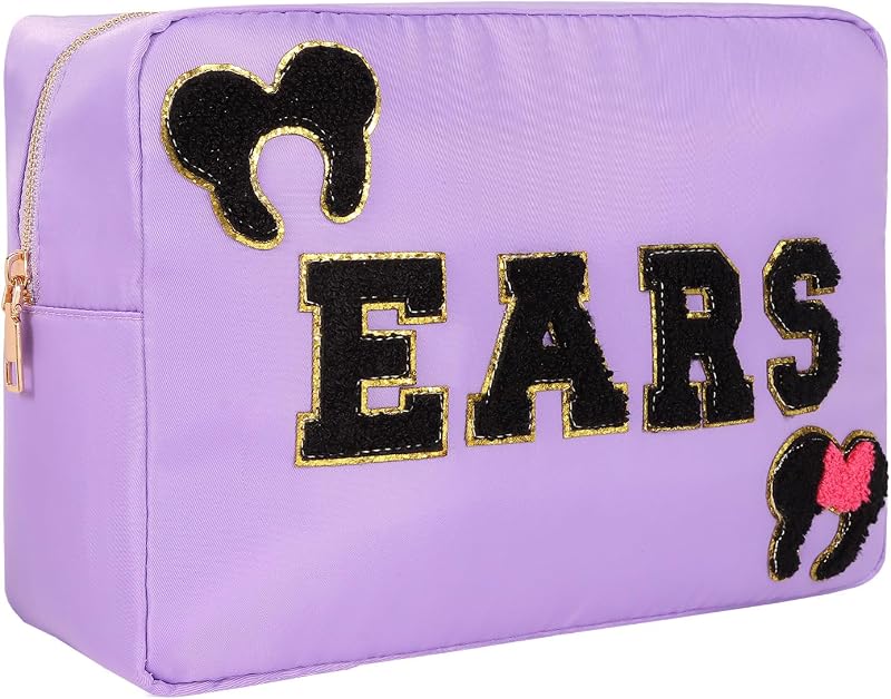Dealkion Necessaire roxa de nylon para acessórios de cabelo e maquiagem com zíper, patches e estampa Cartoon