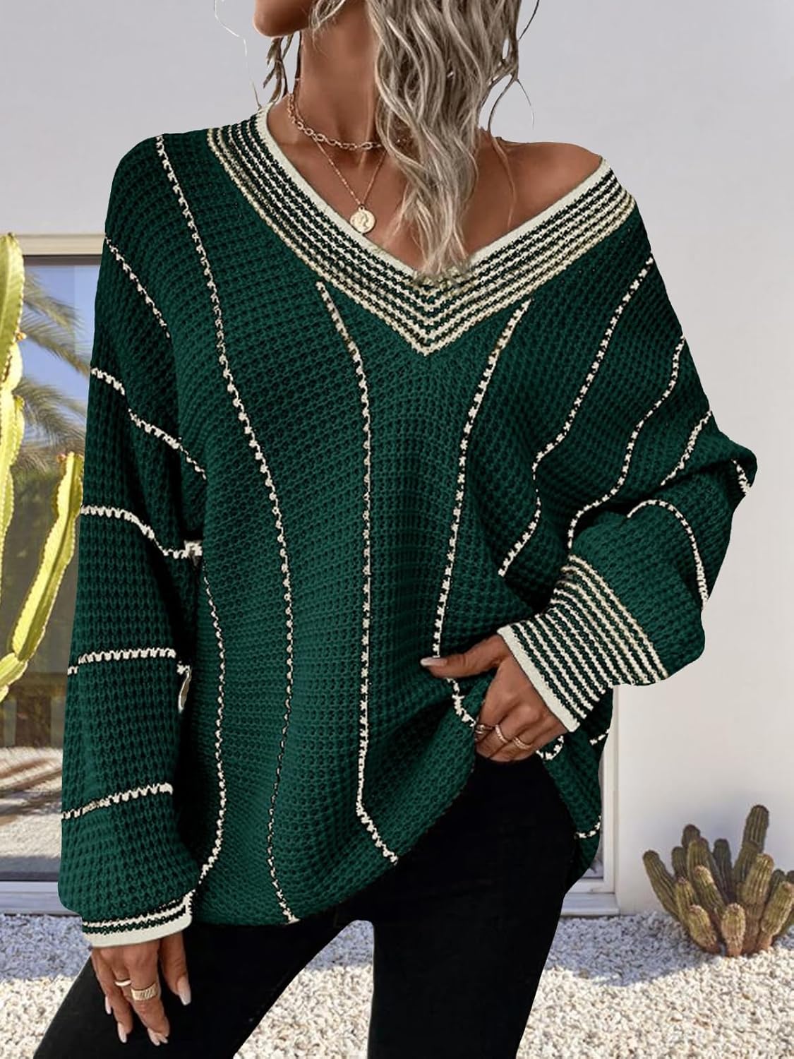 ZOCANIA Womens Fall Fashion 2024 V Neck Knitted Striped Sweater Women Long Sleeve Tunic Fall Sweaters Pullover Jumper Tops