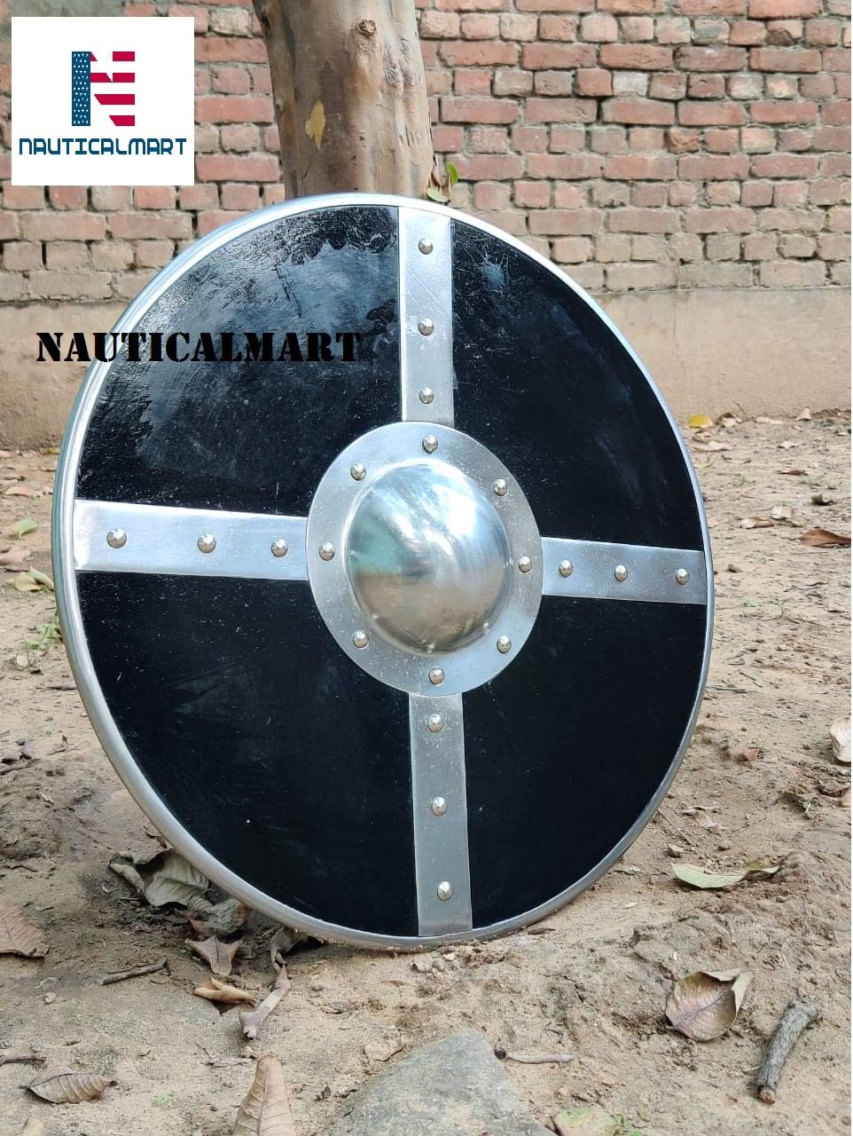 Wildman Berserker Viking Barbarian Medieval Black Wood and Steel Replica Shield LARP Costume Piece
