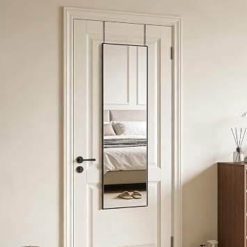 Ruomeng 48x14 Inch Full Length Door Hanging Mirror, Rectangle Full Body Mirror Over The Door, Wall Mounted Metal Aluminum Framed, Tempered Glass Mirror for Bathroom Entryway Bedroom Living Room