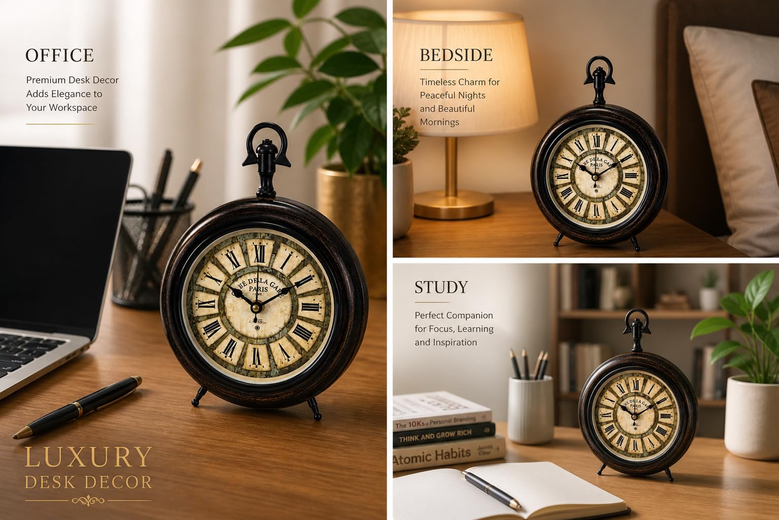 Nautical Replica Hub Reloj de escritorio decorativo rústico hecho a mano, reloj de mesa analógico de cuarzo silencioso con tema de café de París para sala de estar y oficina, decoración estética