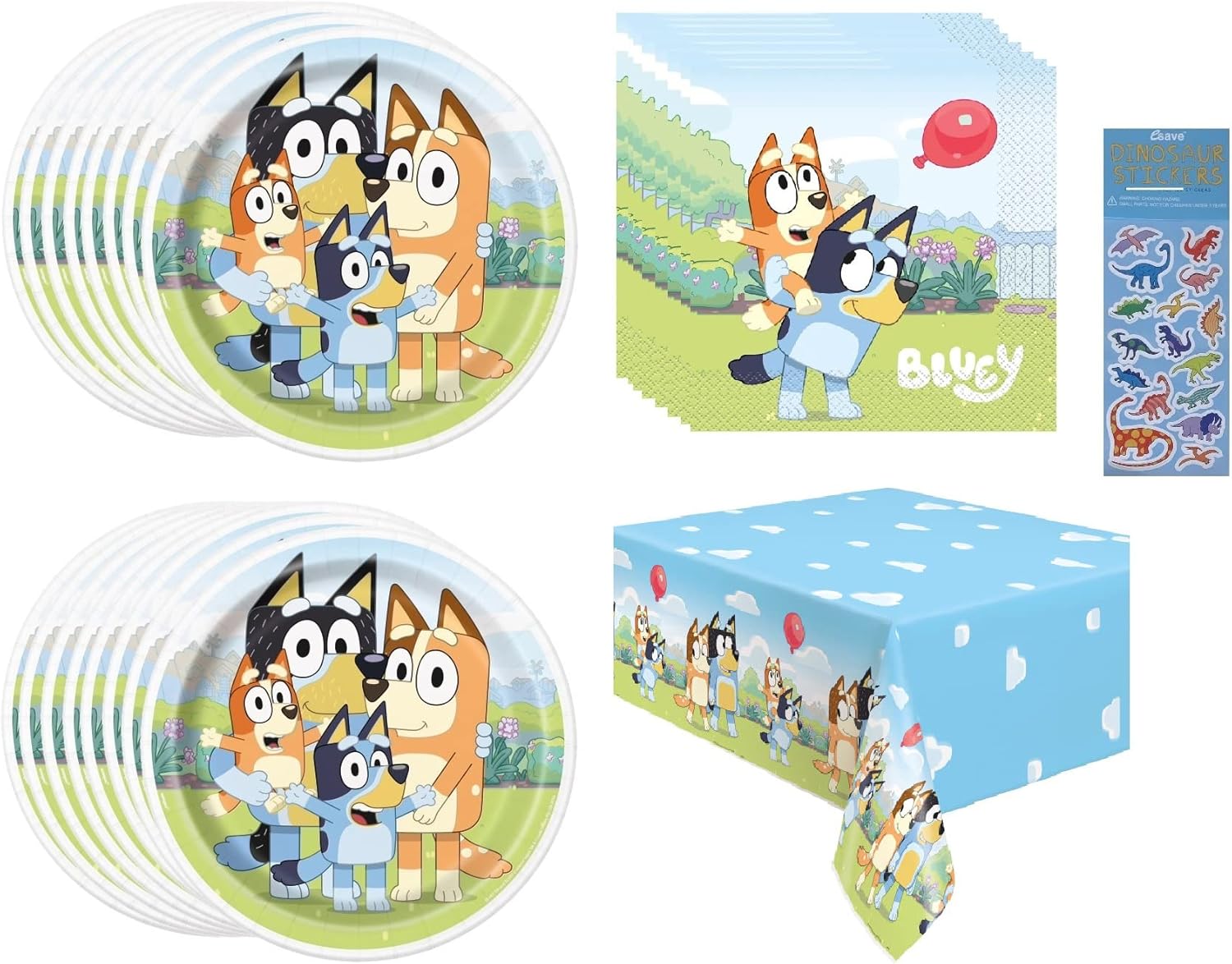 Bluey Birthday Party Supplies Bundle Pack includes 16 Lunch Paper Plates, 16 Lunch Napkins, 1 Table Cover, 1 Dinosaur Sticker Sheet - Bundle for 16