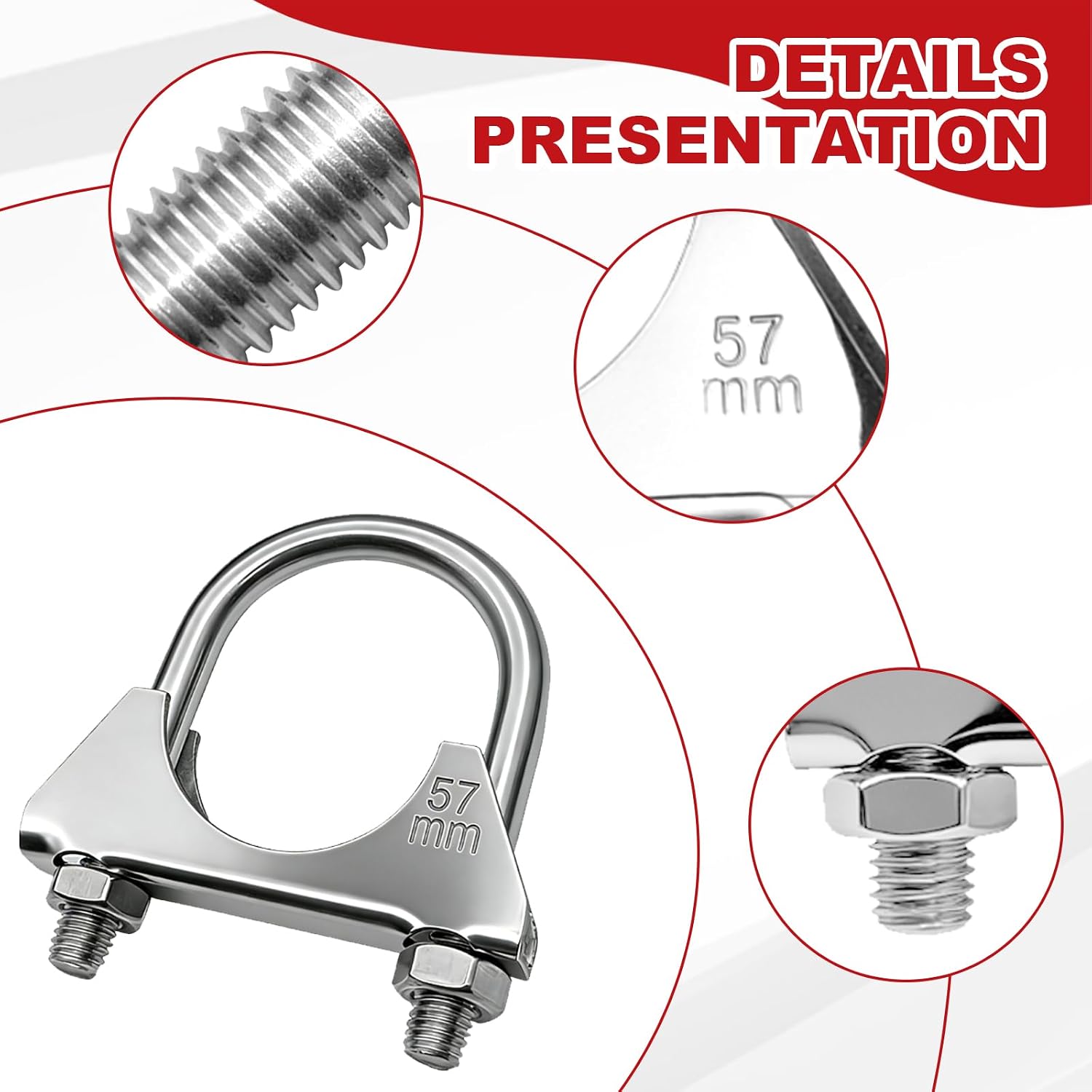 2.25" U-Bolt Exhaust Clamp, Stainless Steel Heavy Duty Design, 2.25 inch OD pipe Compatible Muffler Fastener, Universal Silencer Exhaust Pack of 2