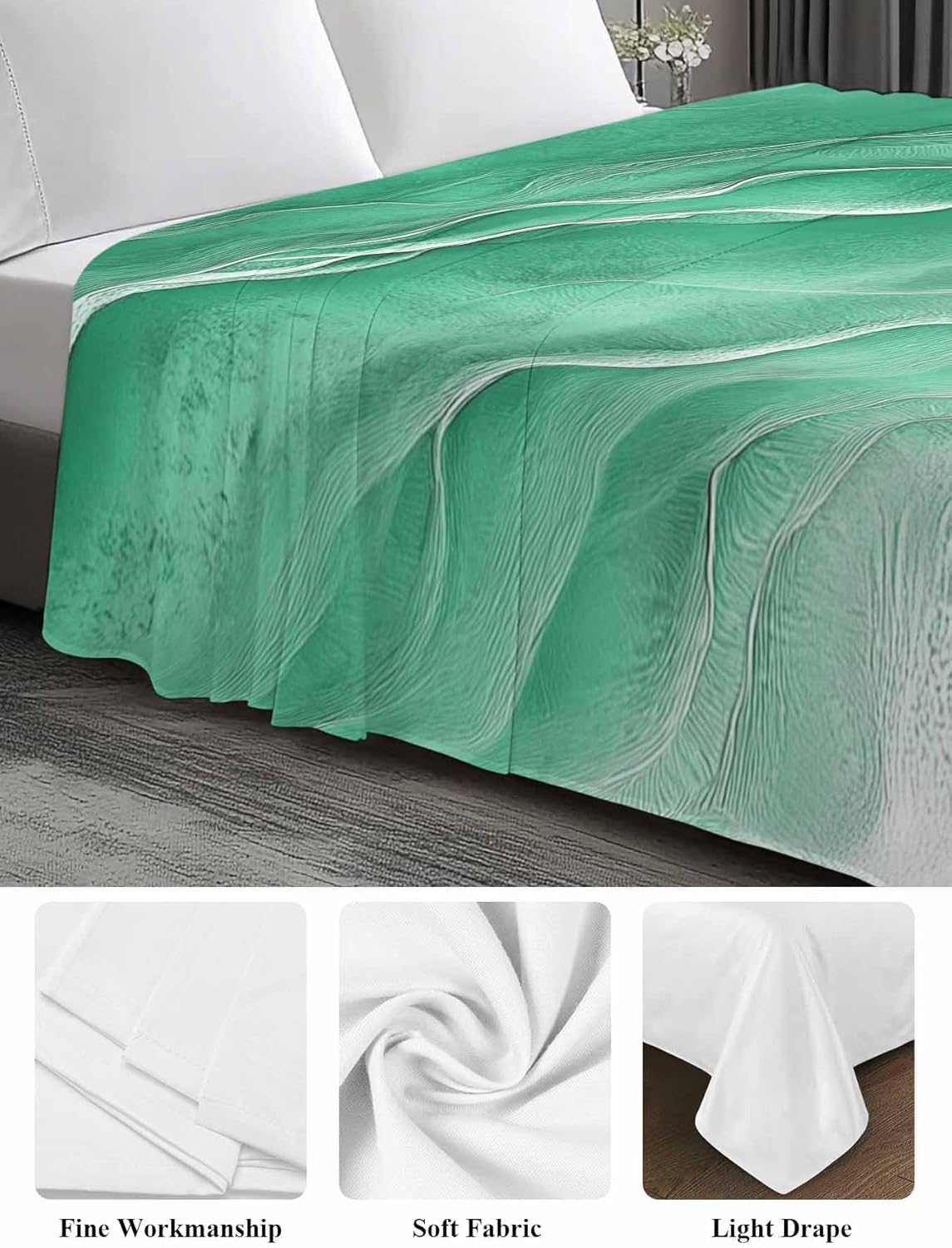 Top Sheet Full Bedding Flat Sheet Only, Ocean Green Beige Sea Waves Microfiber Bed Sheets Soft Breathable Bedding Flat Sheets, Beach Theme Stripes Hotel Luxury Top Sheets