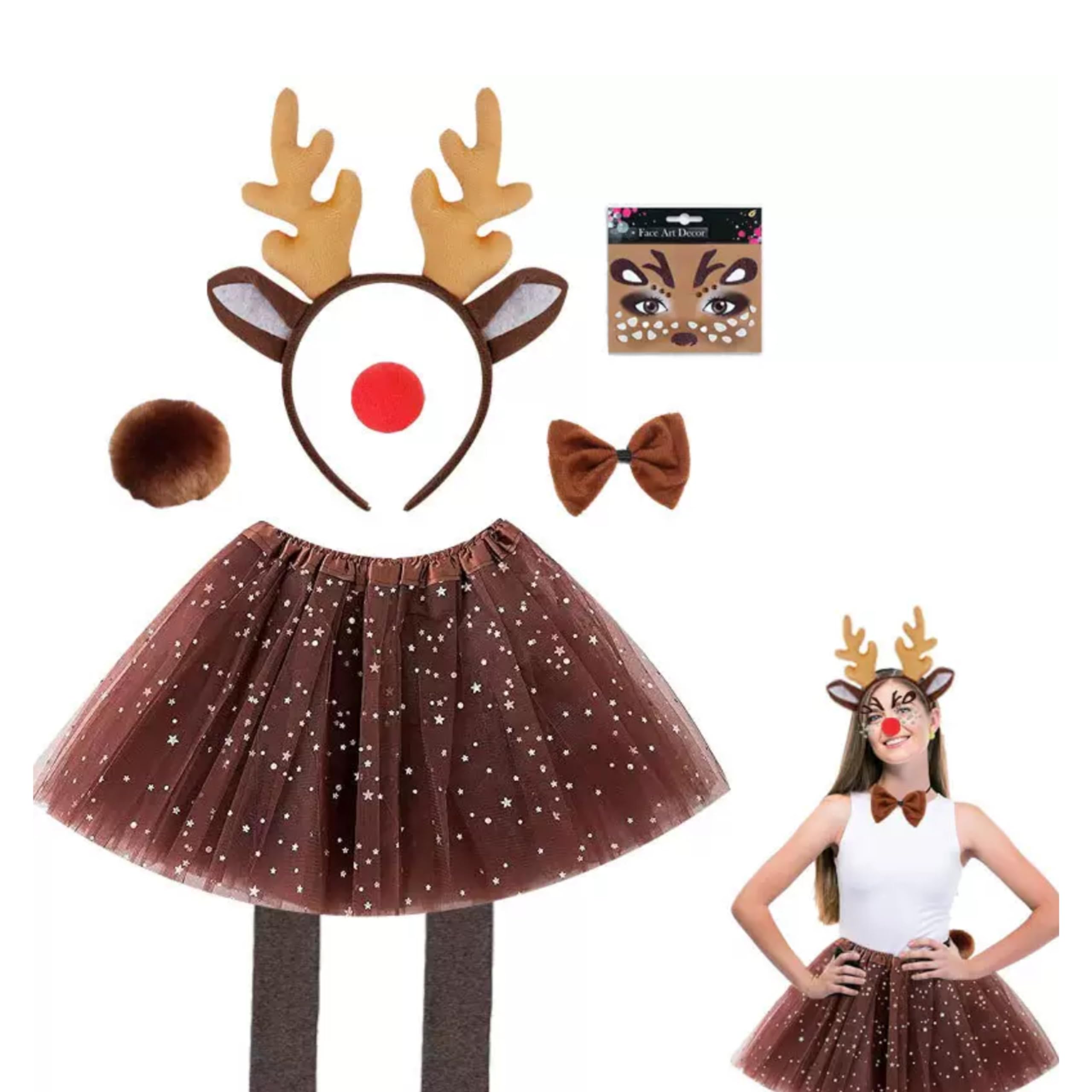 eBoutik - Fun Novelty Festive Adult Christmas Reindeer Costume Set with Antler Headband, Bow Tie, Tutu Skirt, Red Nose & Face Sticker for Adults & Children @ Xmas