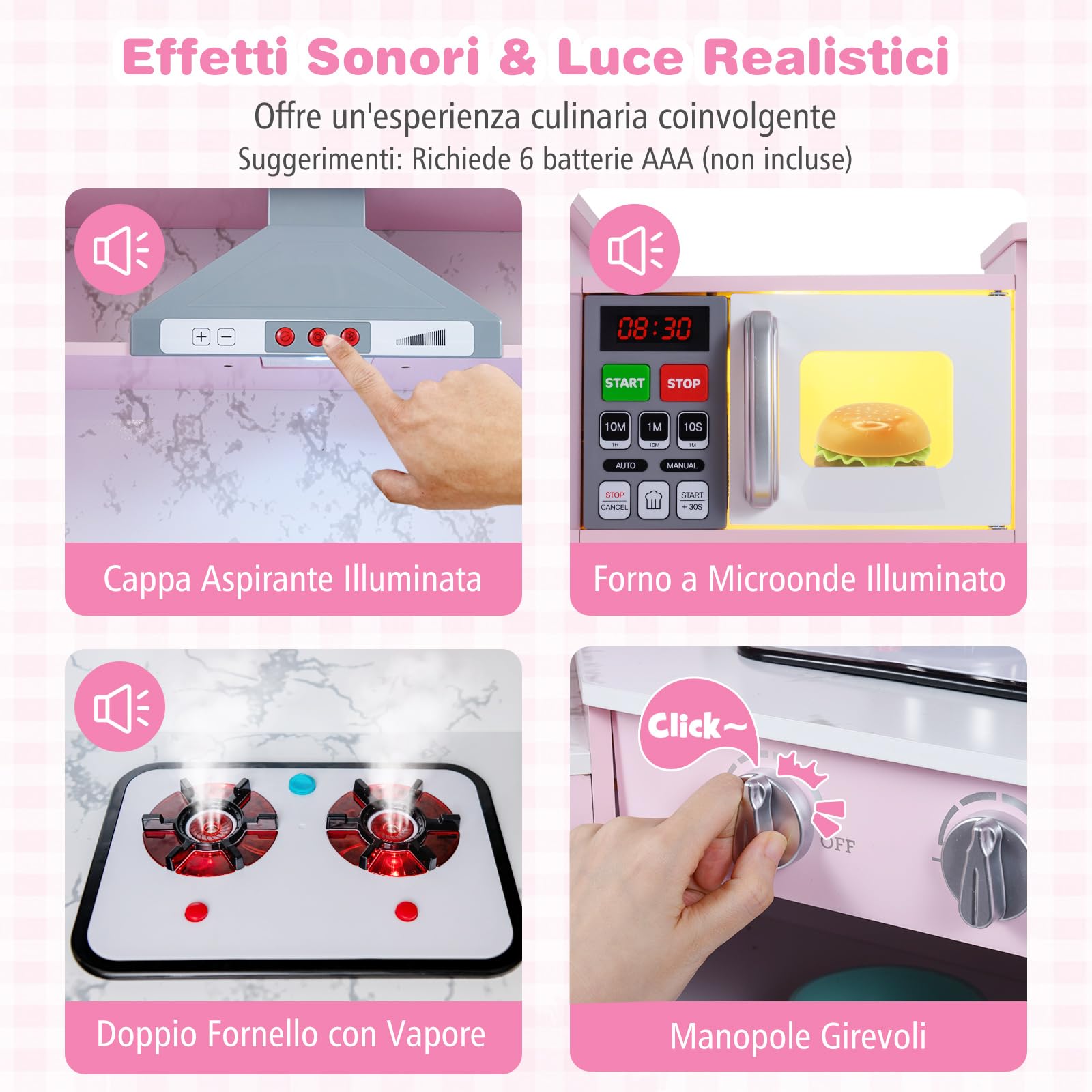 RELAX4LIFE Cucina Giocattolo per Bambini, Cucina Lussuosa in Legno con Effetti Luminosi e Sonori, Forno, Microonde, Macchina del Ghiaccio Lavastoviglie e Lavagna, Regalo per Bambini 3+ Anni (Rosa)