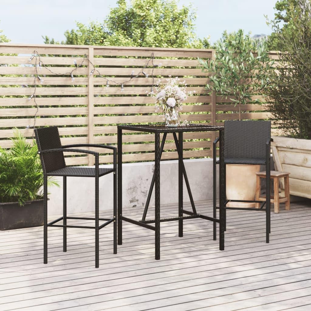 Juego de muebles de jardín de 3 piezas, polirratán, color negro, con mesa y taburetes para terraza, balcón, jardín, exterior, muebles con tablero de cristal duro, resistente a la intemperie