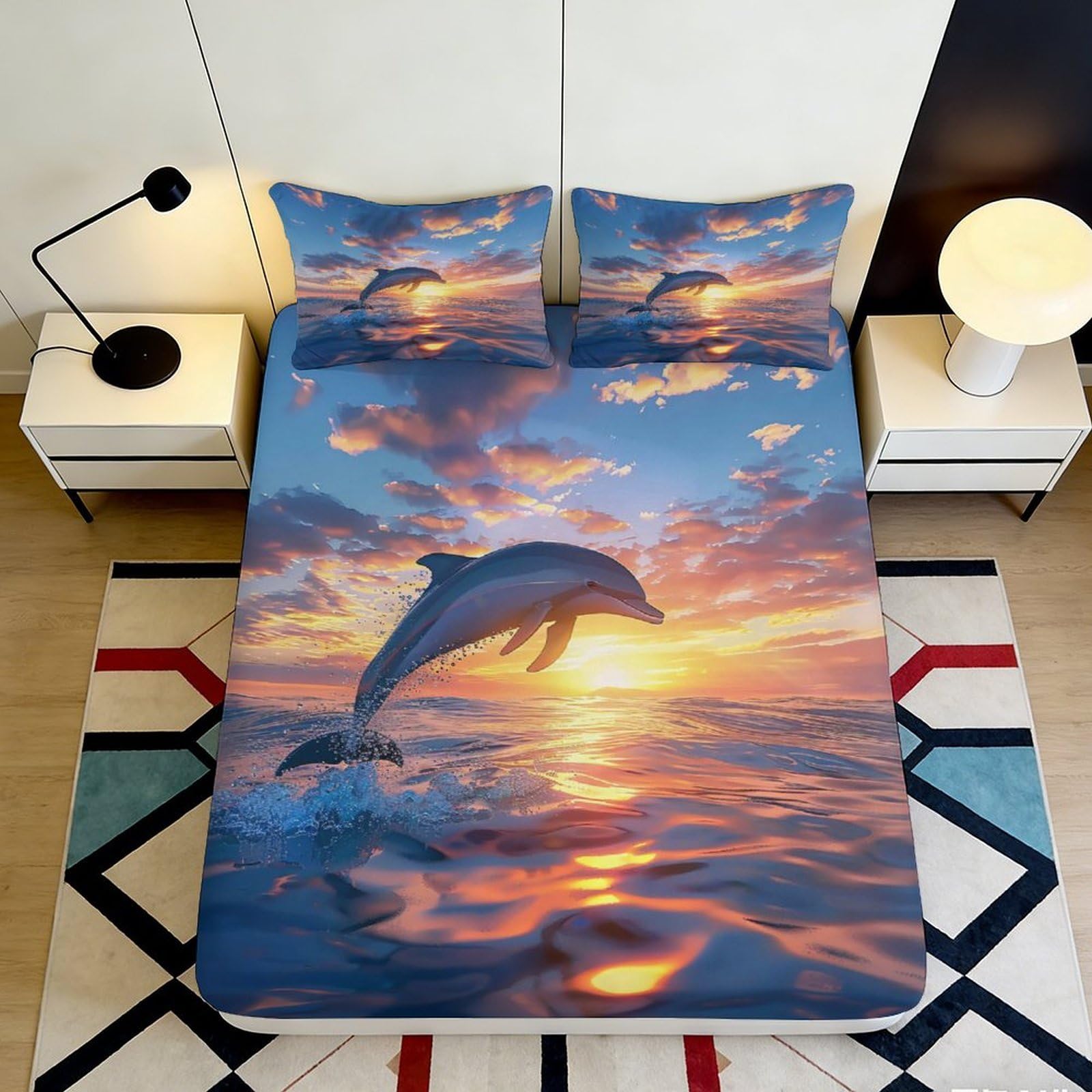 3D Printed Dolphin Sunset Fitted Sheet Microfiber Soft Durable Ocean View Bed Cover for Bedroom Dormitory Guest Room Mattress Protection 140x200x25cm