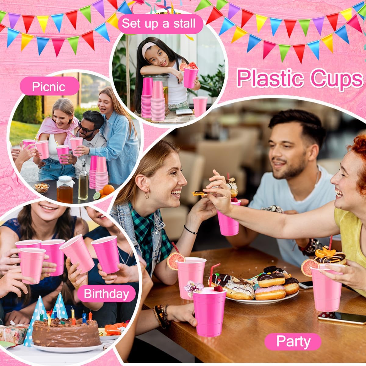 Disposable Plastic Party Cups, 16 OZ, 100 Count, Pink and Hot Pink Cold Drinking Cup for Graduation, Wedding, Birthdays, Parties, Picnics Events - Image 6