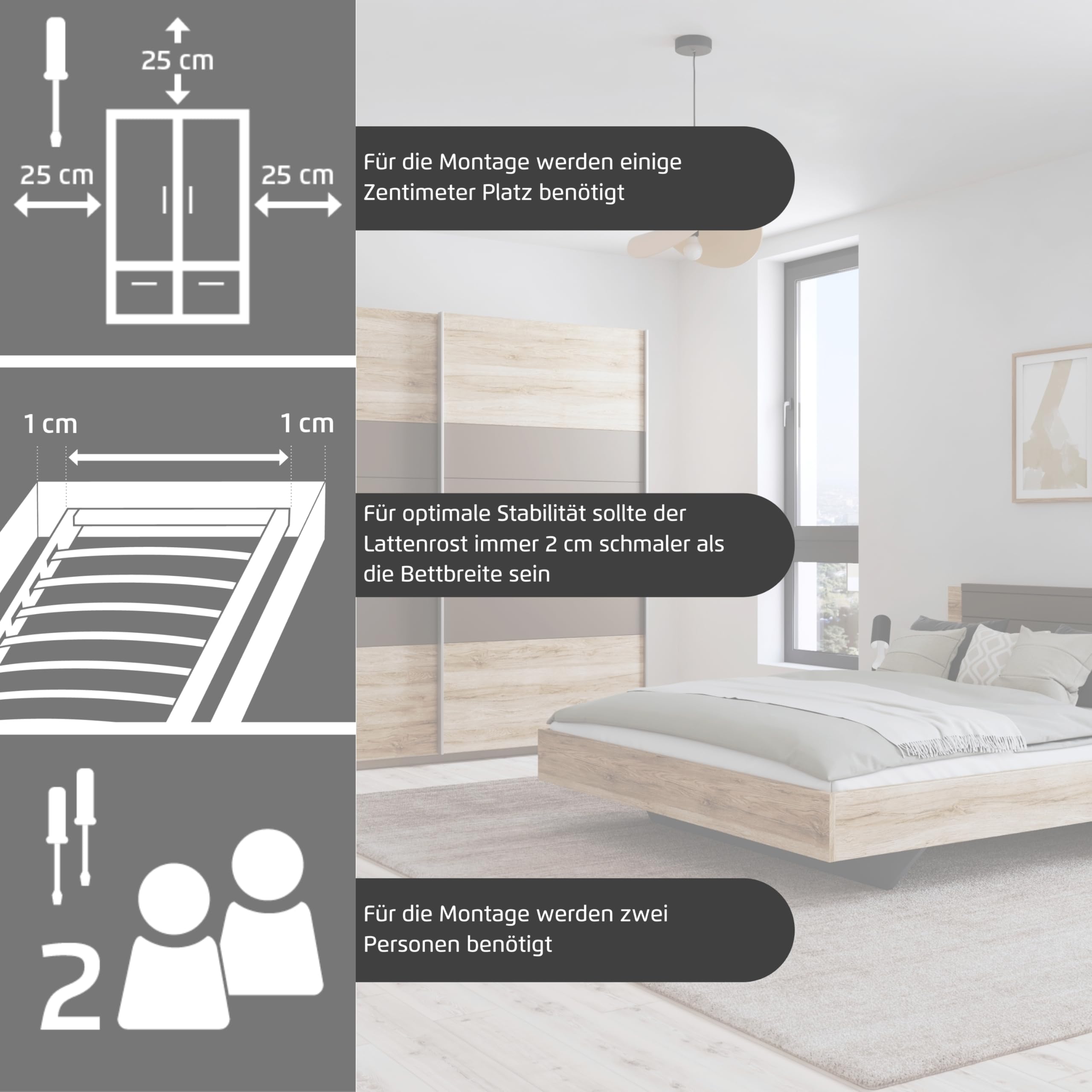 Rauch Möbel Barcelona Schlafzimmer, komplett, bestehend aus 1 Bett 160x200cm, 1 Nachttisch-Paar 50x38x37cm, 1 Schwebetürenschrank 226x210x62cm, Farbe Eiche Sanremo Hell mit Absetzung in Lavagrau