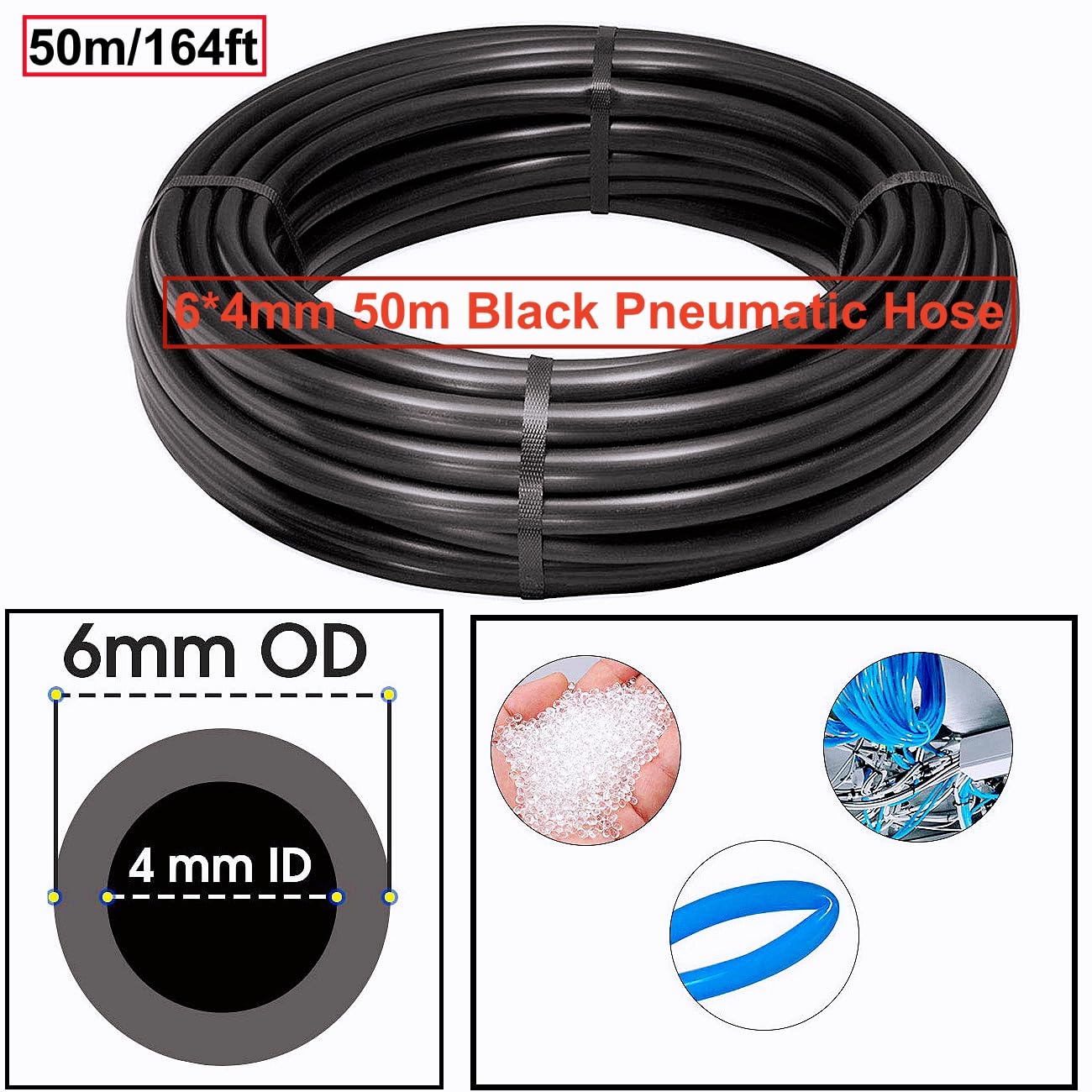 HUAZIZ 50 m Tubo neumático de poliuretano PU negro, tubo neumático de poliuretano flexible, exterior 6 mm x interior 4 mm + 1 pieza de cortador de tubo azul + 1 pieza de cinta de teflón rosa