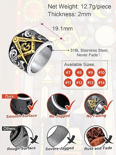 Vista 6 de FaithHeart Anillos de sello masónico para hombres, joyería masónica de acero inoxidable, anillo de pulgar punk con embalaje delicado