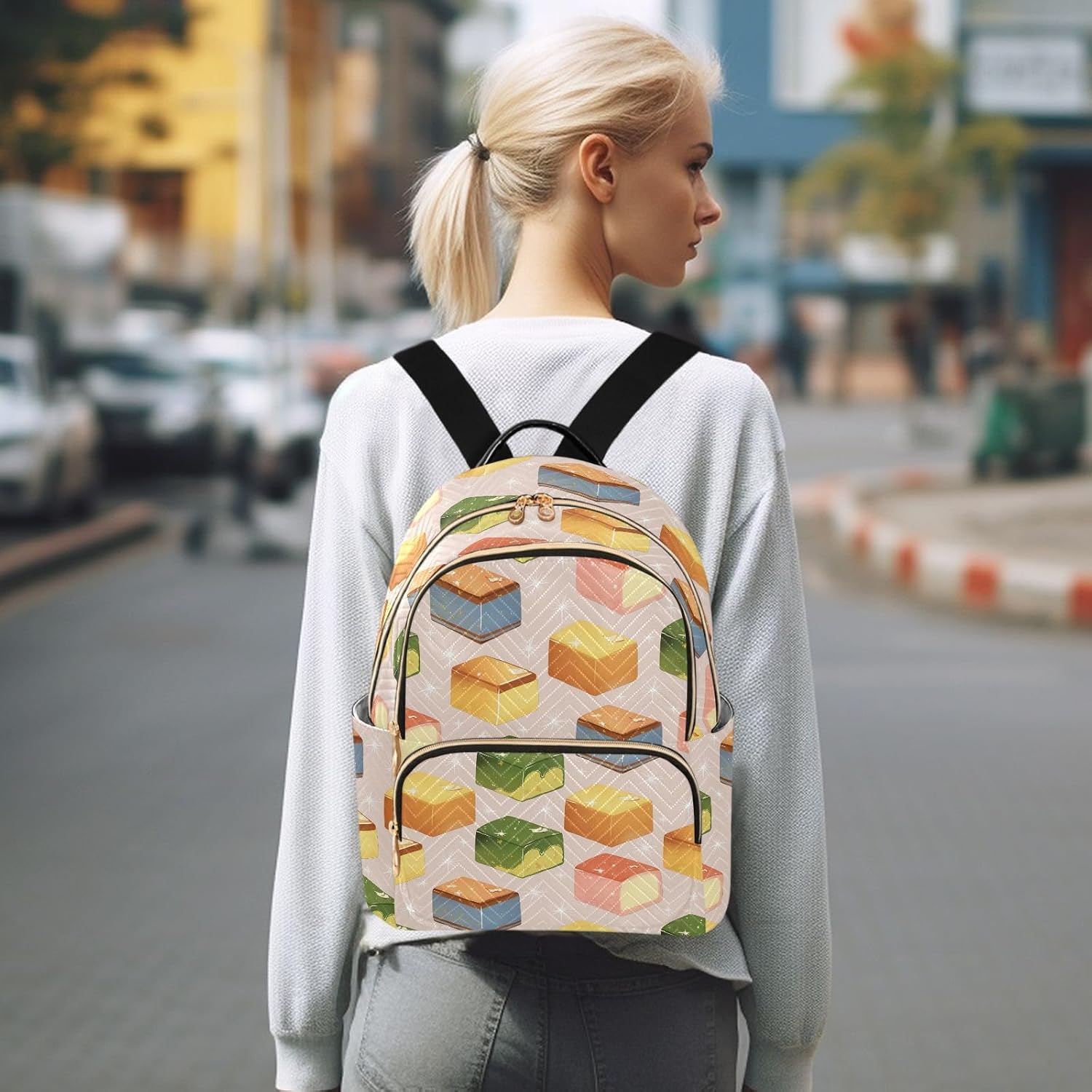 Colorful Pastries Pattern Backpack Purse for Women Shoulder Bag Fashion Daypack Ladies Handbag Lightweight Travel Bag Rucksack