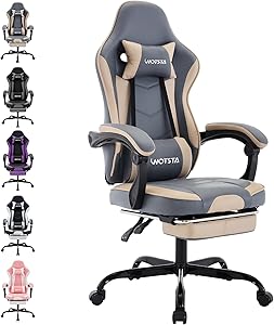 WOTSTA Gaming Chair, Computer Chair, Ergonomic Gaming Chair with Footrest, Office Chair, Ergonomic Computer Chair with Lumbar Support, Blue/Beige
