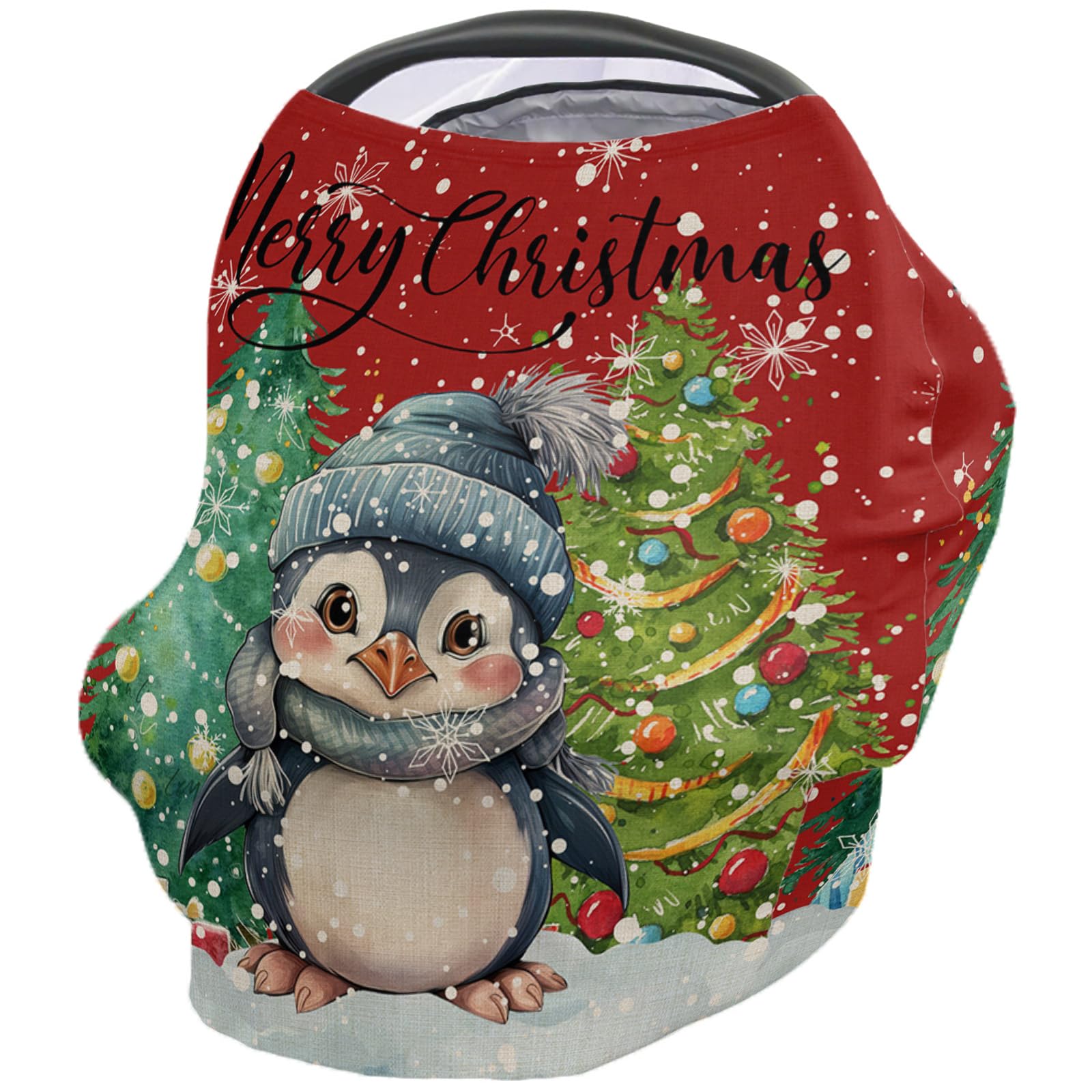 Nursing Cover for Breastfeeding Scarf, Merry Christmas Penguins Red Baby Car Covers Super Soft Multi Use for Canopy Shopping Cart Cover Blanket Stroller Cover