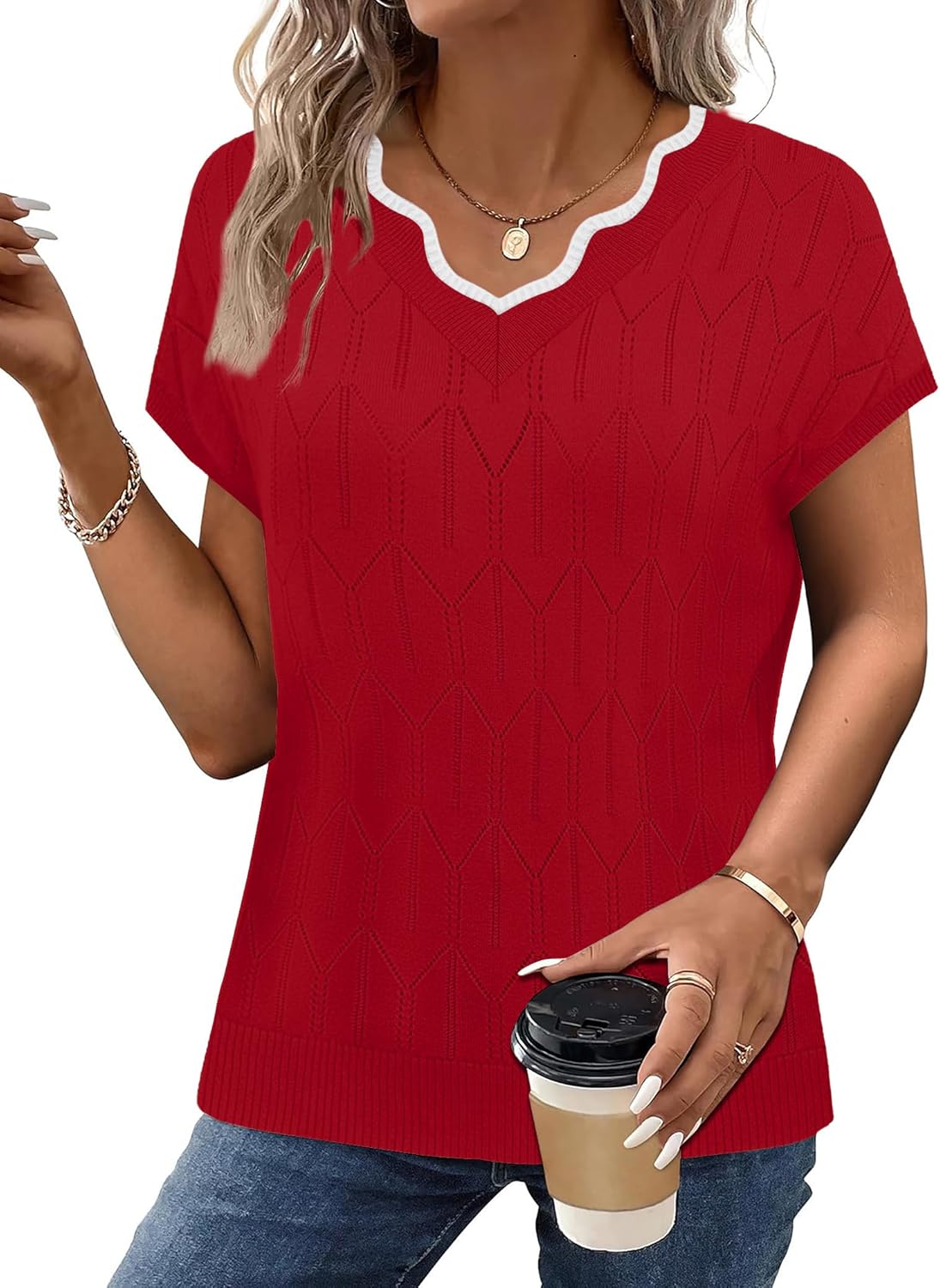 WIHOLL Short Sleeve Sweater for Women V Neck T Shirts Summer Tops 2026 Beach Vacation Clothes Travel Business Casual Outfits - Image 2